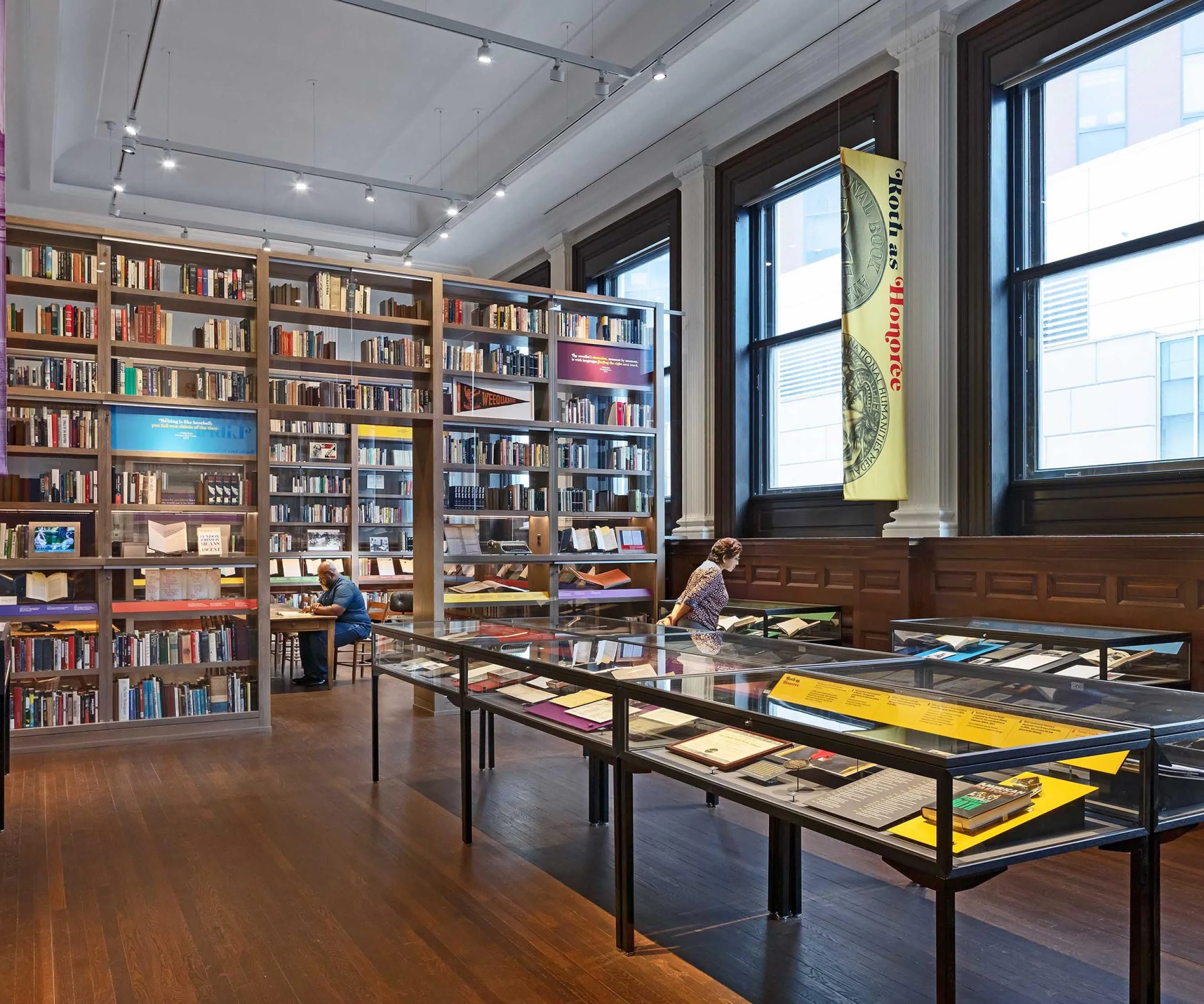 Large bookshelves and display cases at the Phillip Roth Personal Library