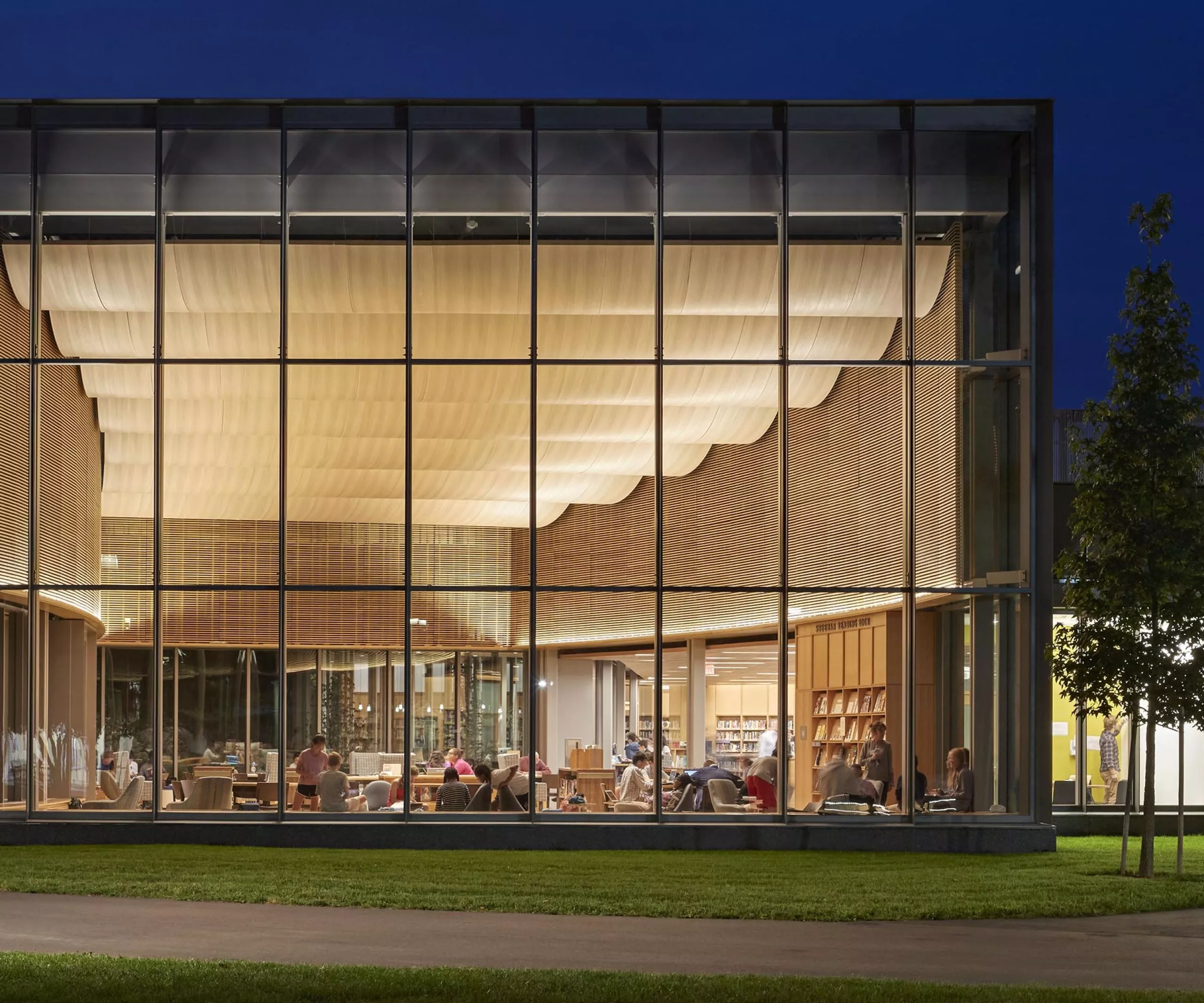 exterior view of Putnam Library at night