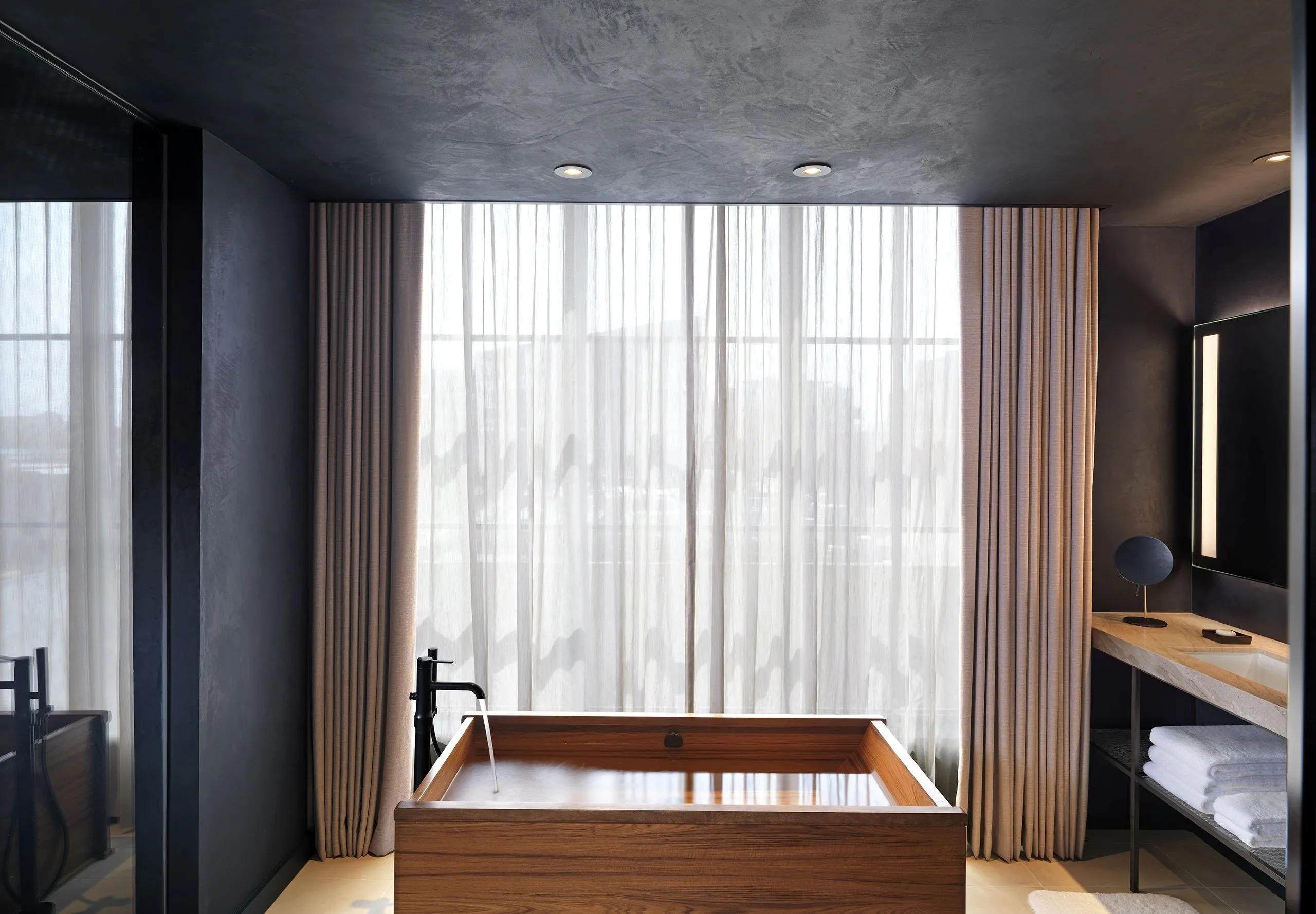 Interior view of a hotel room bathroom at the Nobu Hotel Chicago