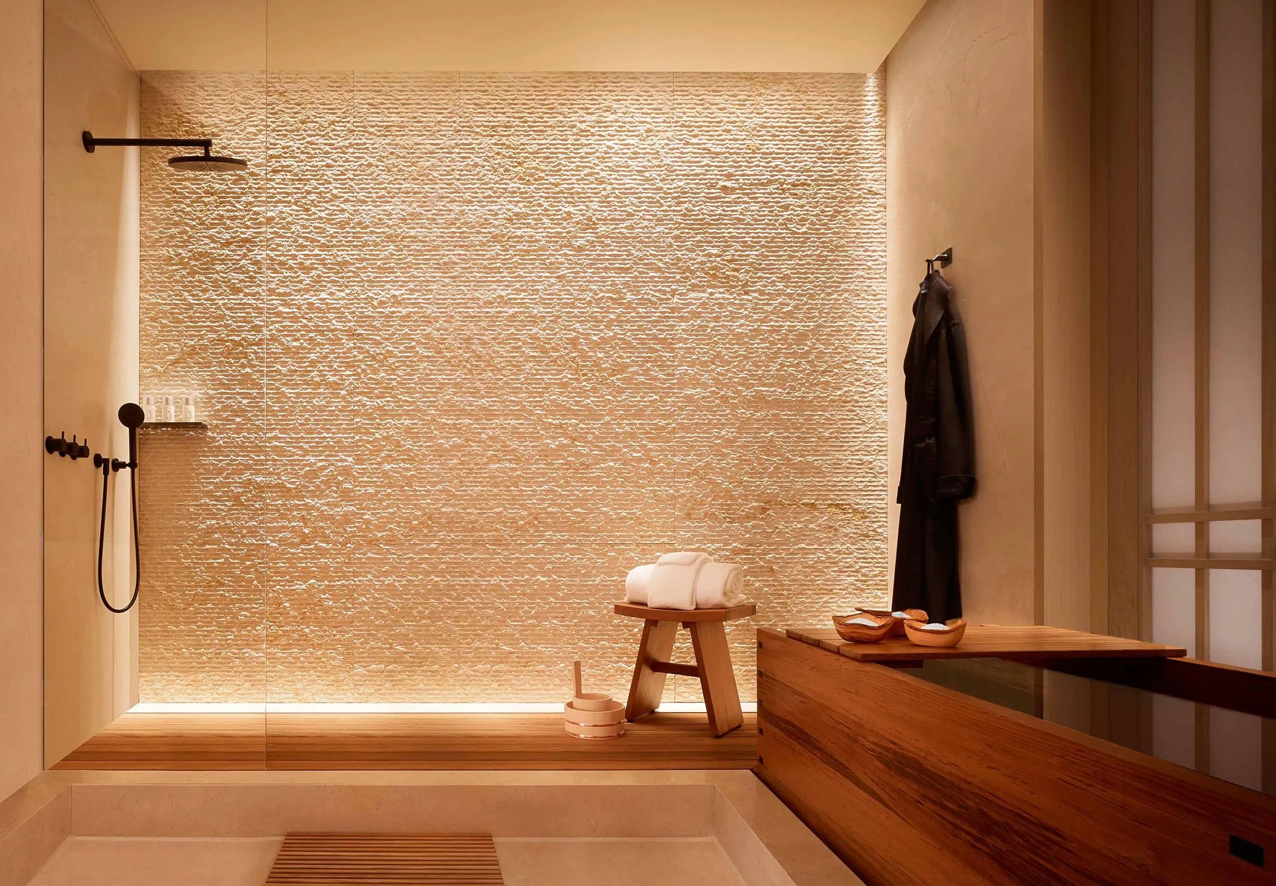 Interior view of the bathroom and shower at Nobu Hotel Palo Alto