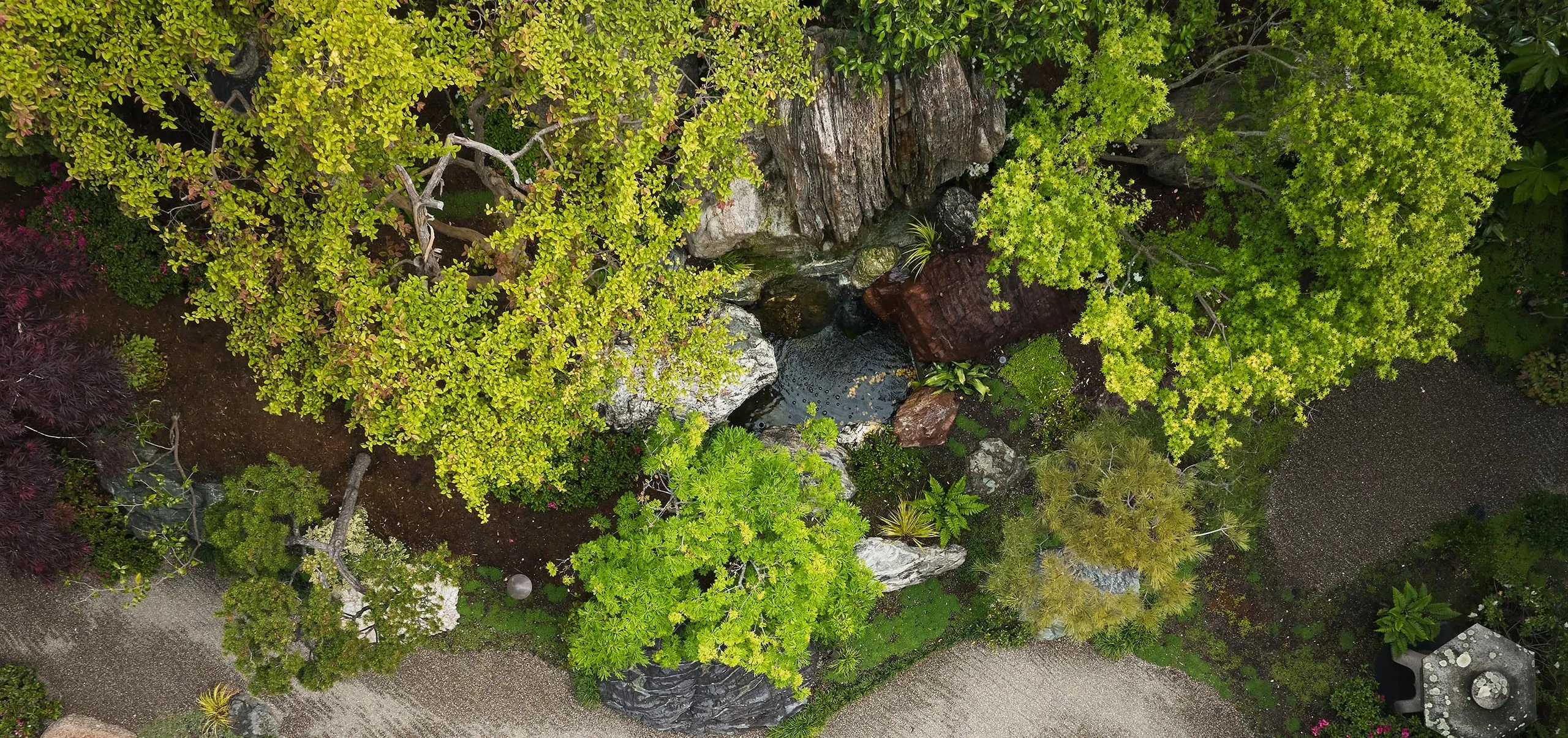 Ariel view of Nobu Palo Alto Garden Restaurant garden path