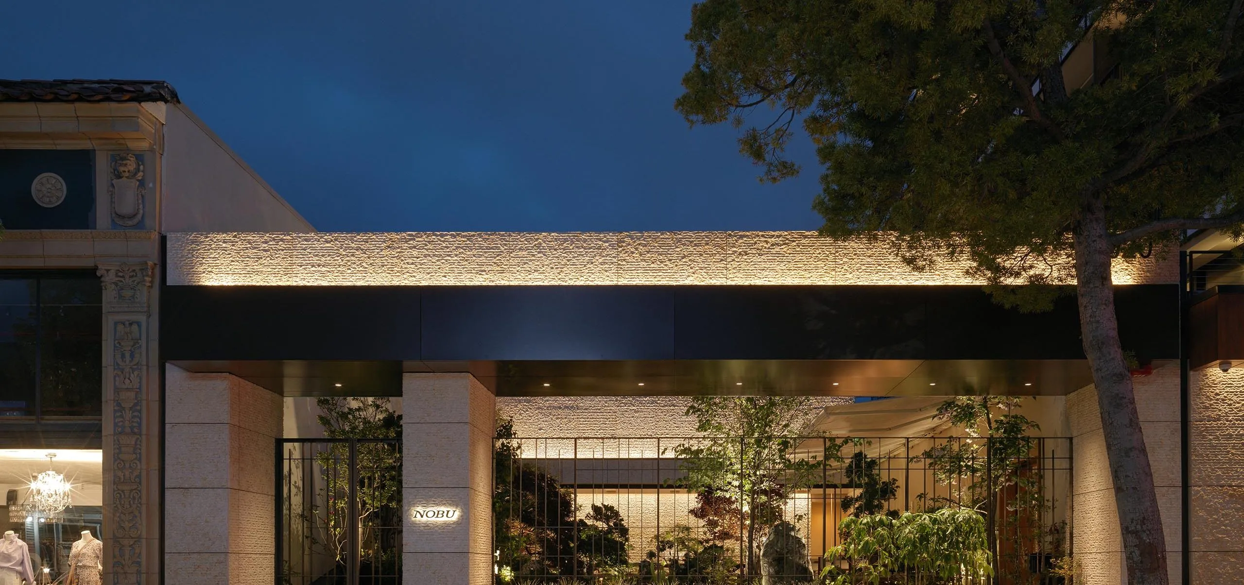 Exterior view of Nobu Palo Alto Garden Restaurant at night