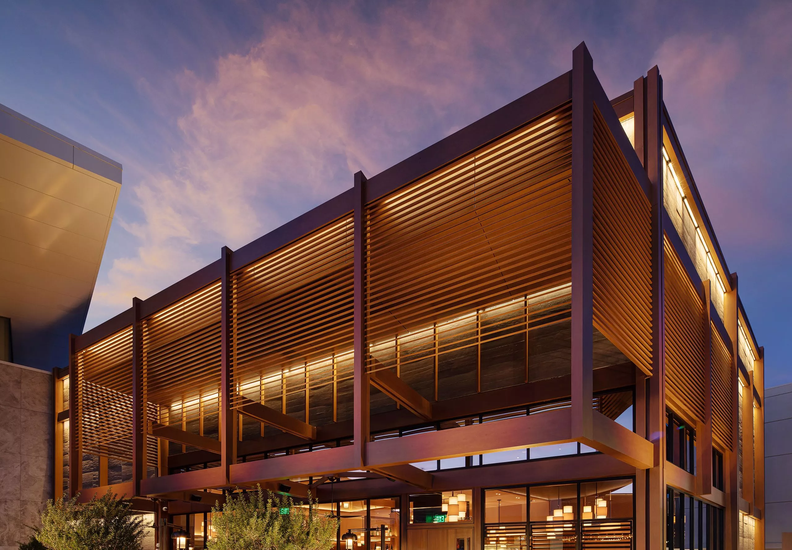 Exterior view of the Nobu building in the evening