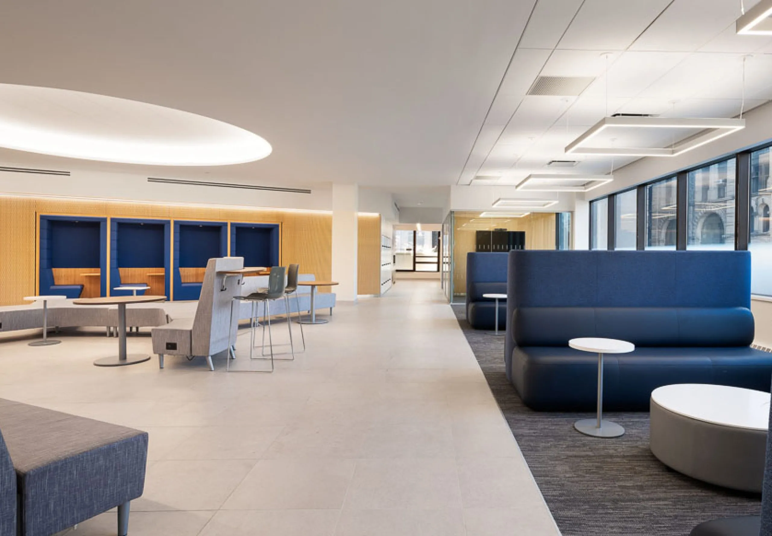 Sitting area and booths inside One Pace Plaza West