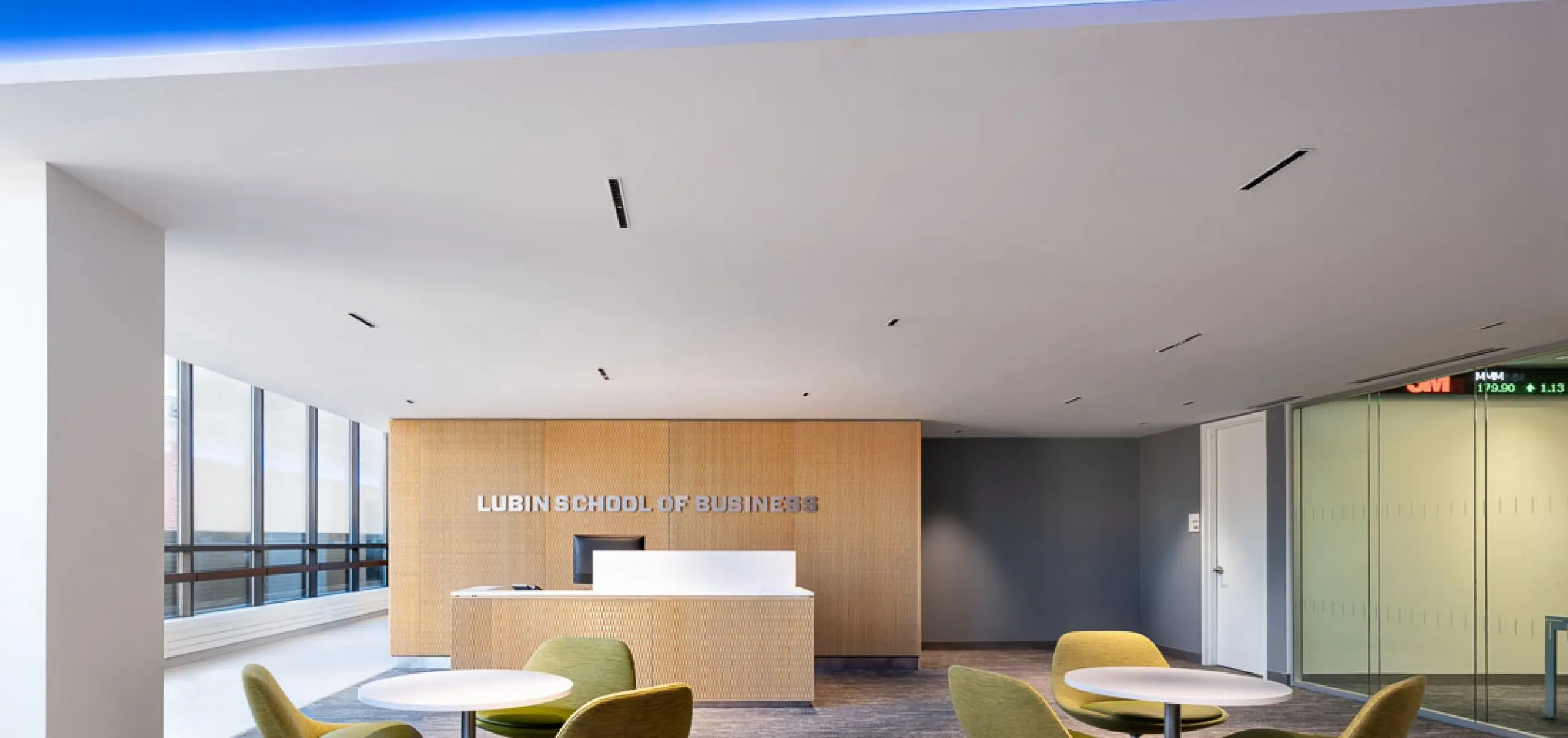 Sitting area and front desk for Lubin School of Business in One Pace Plaza West