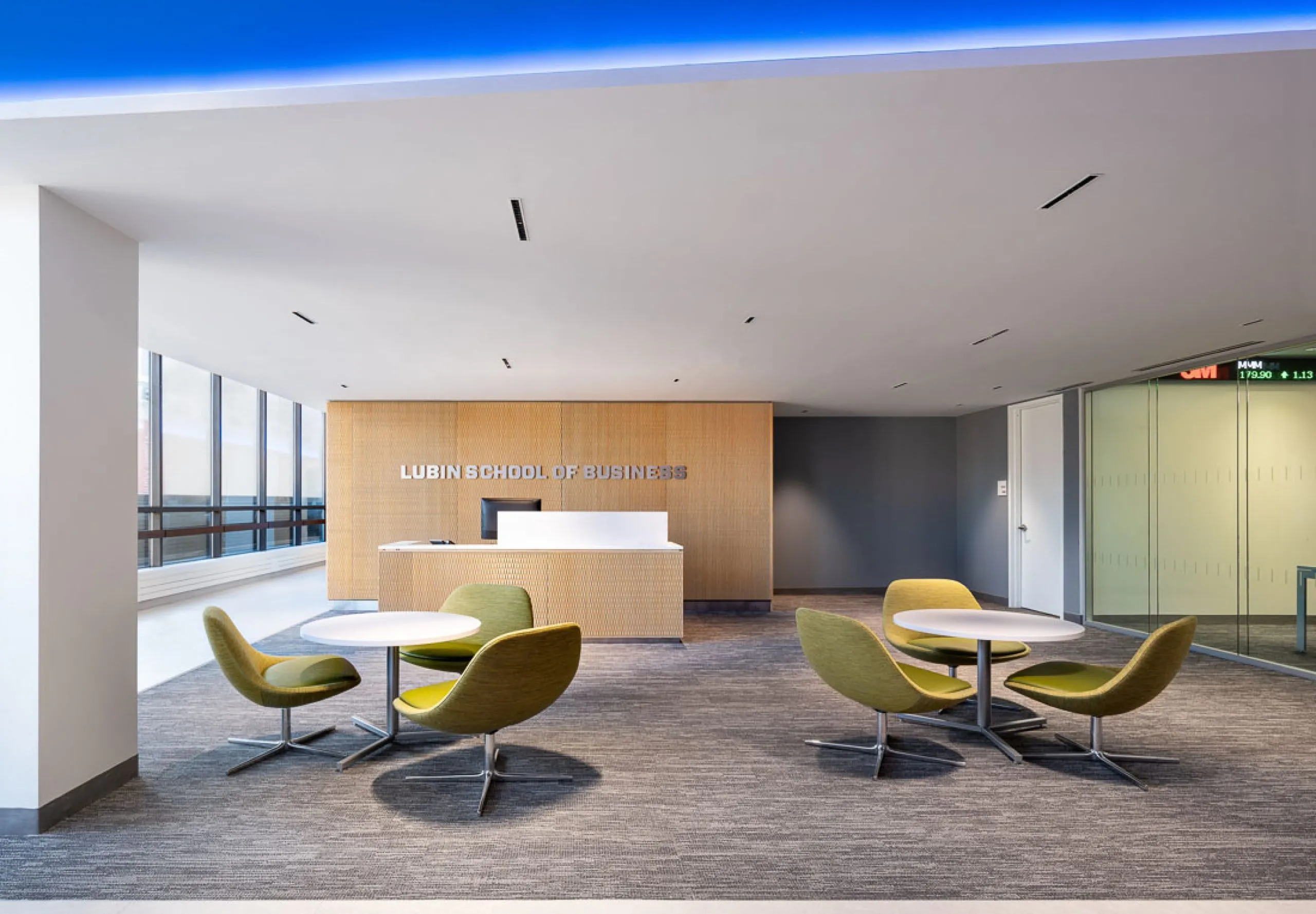 Sitting area and front desk for Lubin School of Business in One Pace Plaza West