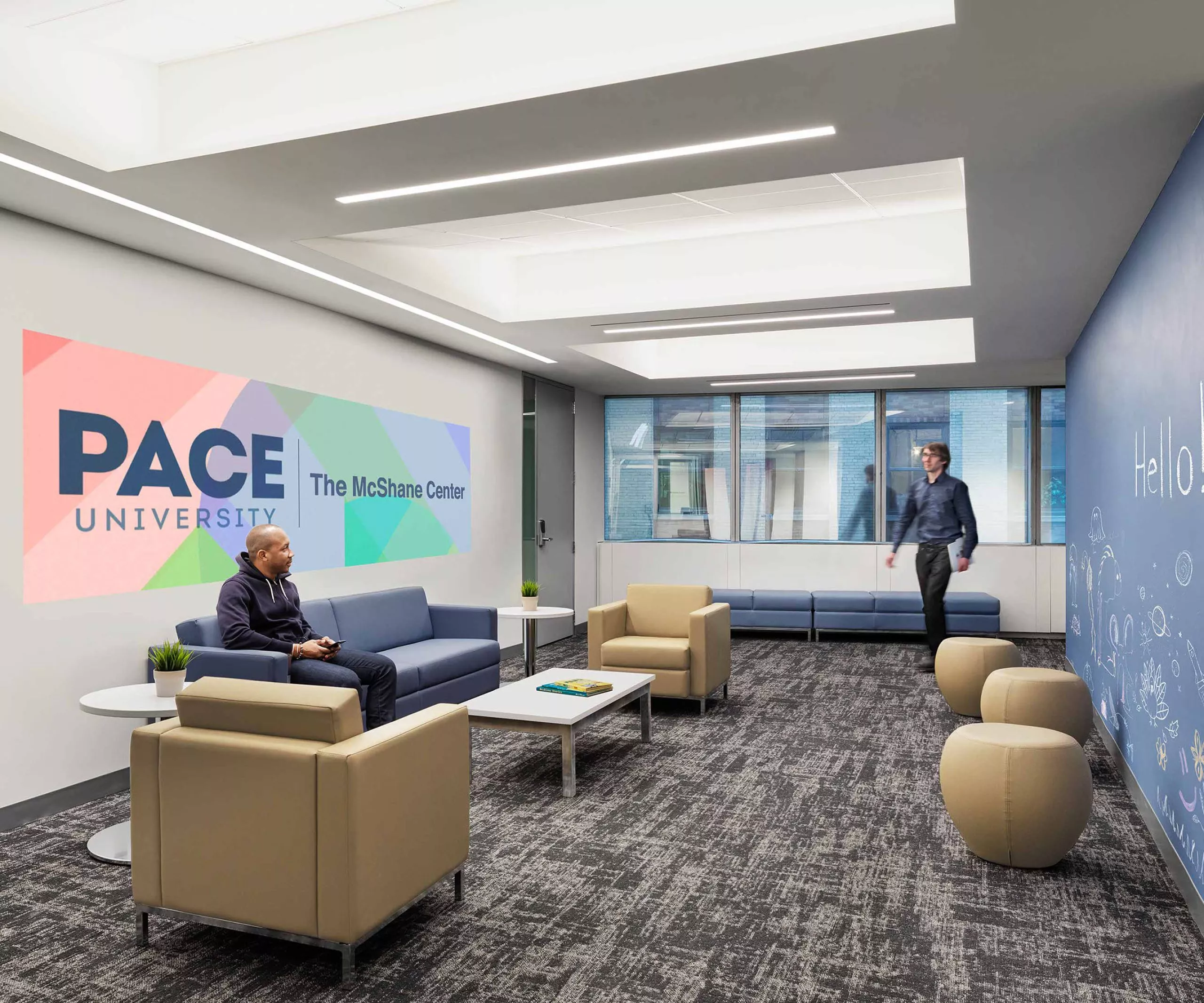 Sitting area inside Pace University McShane Center