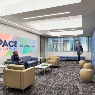 Sitting area inside Pace University McShane Center