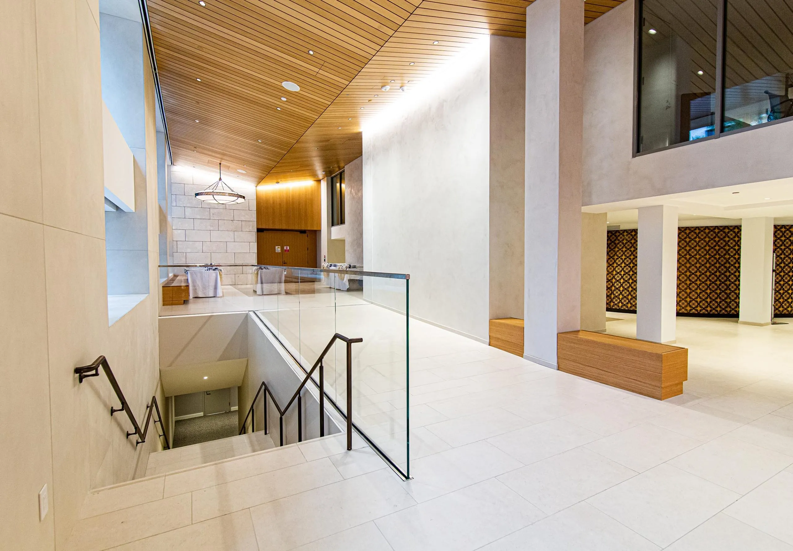 Interior walkway and stairwell at Park Avenue Synagogue