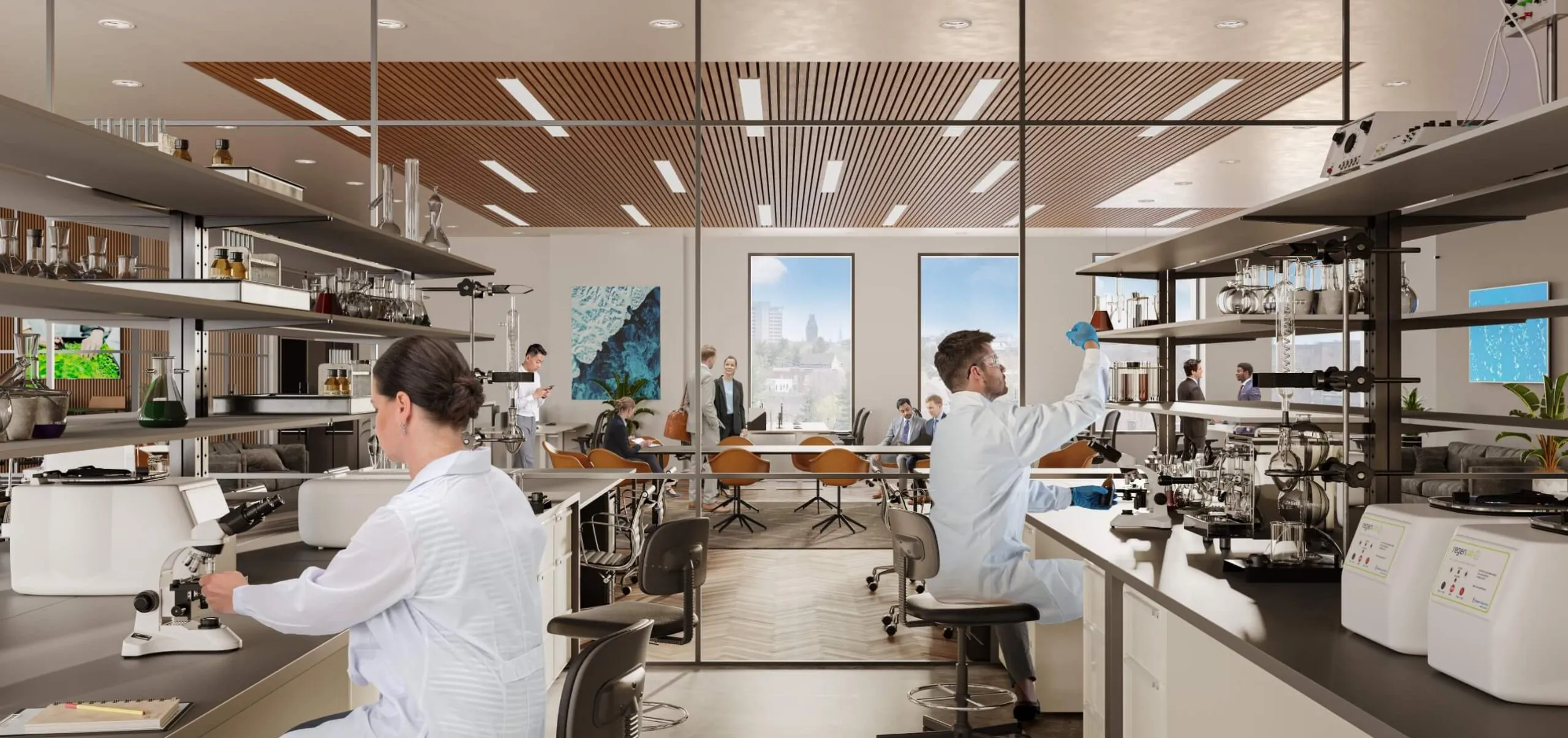 Interior view of two people in lab coats working in the lab