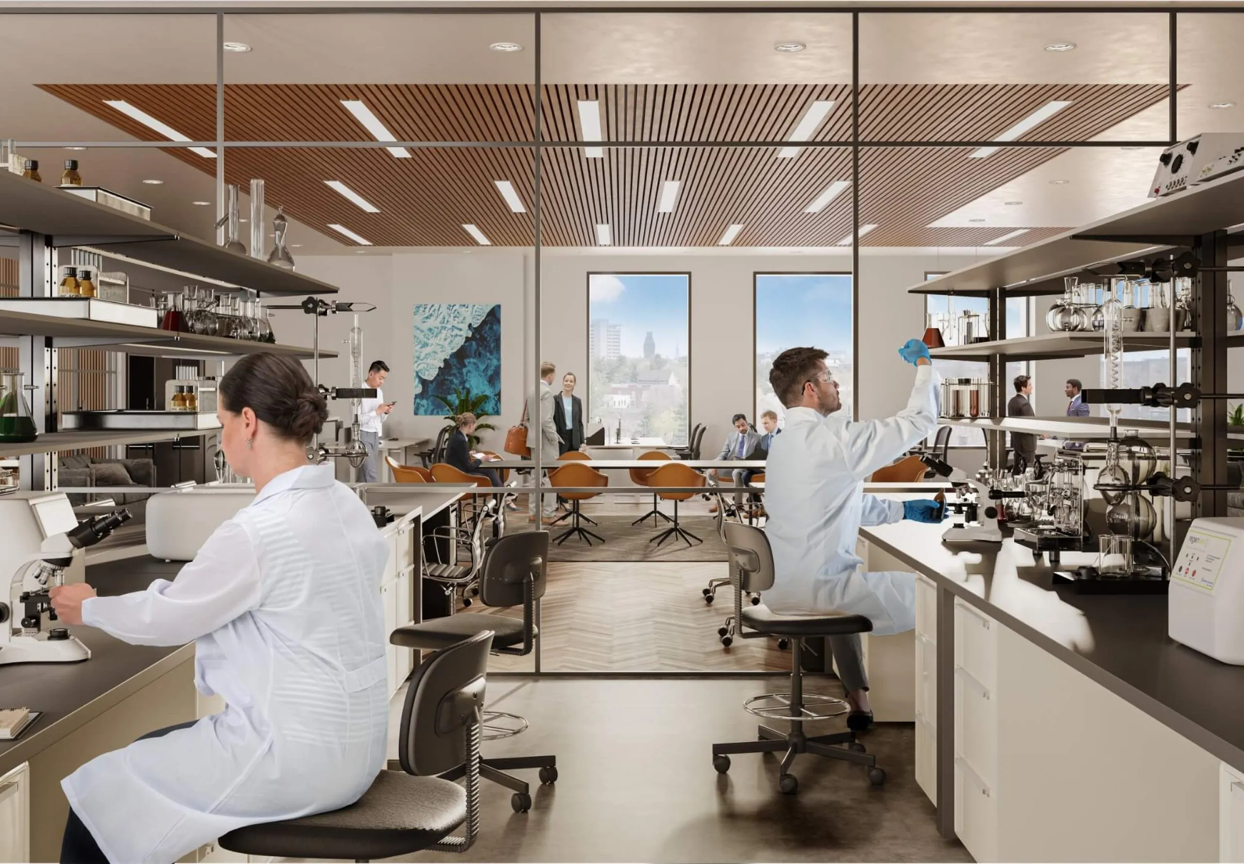 Interior view of two people in lab coats working in the lab