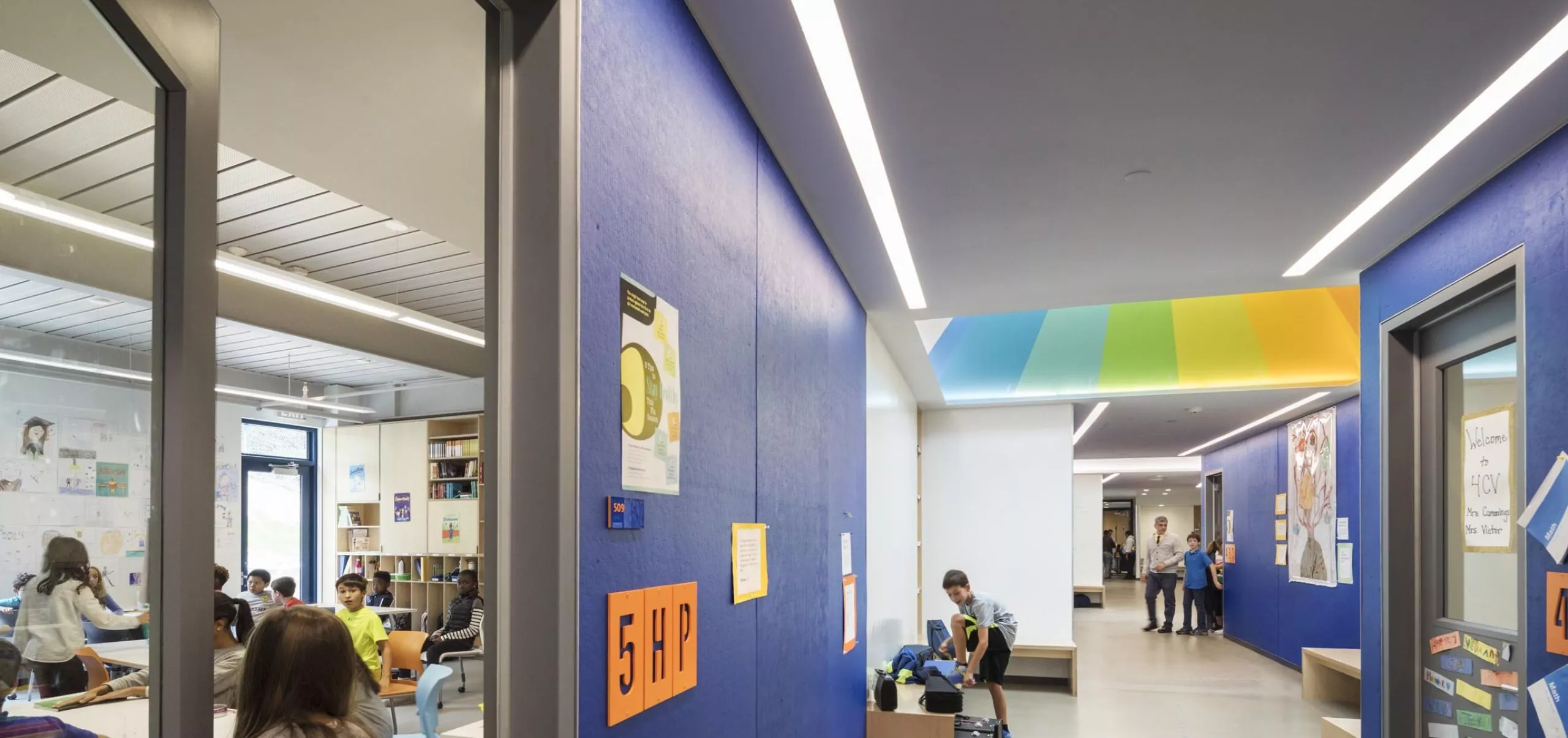 Colorful hallway and classroom in Riverdale Country School Upper Learning Building