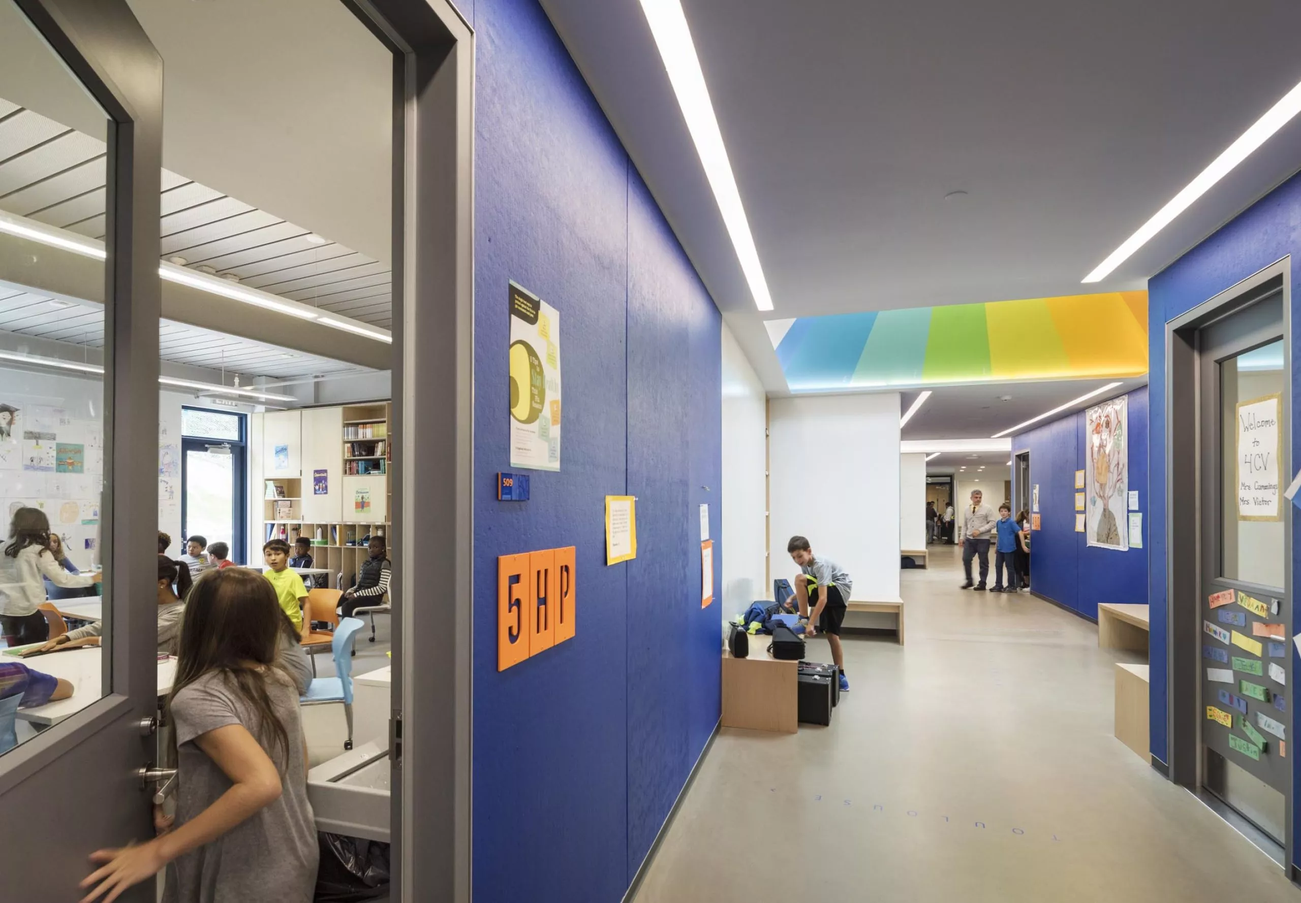 Colorful hallway and classroom in Riverdale Country School Upper Learning Building