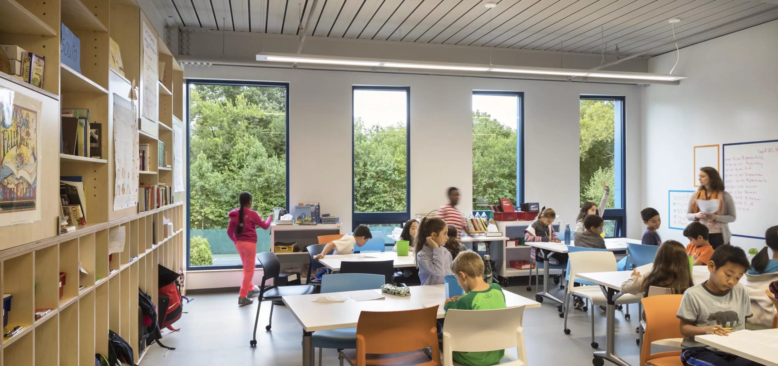 Students at tables in classroom at Riverdale Country School Upper Learning Building