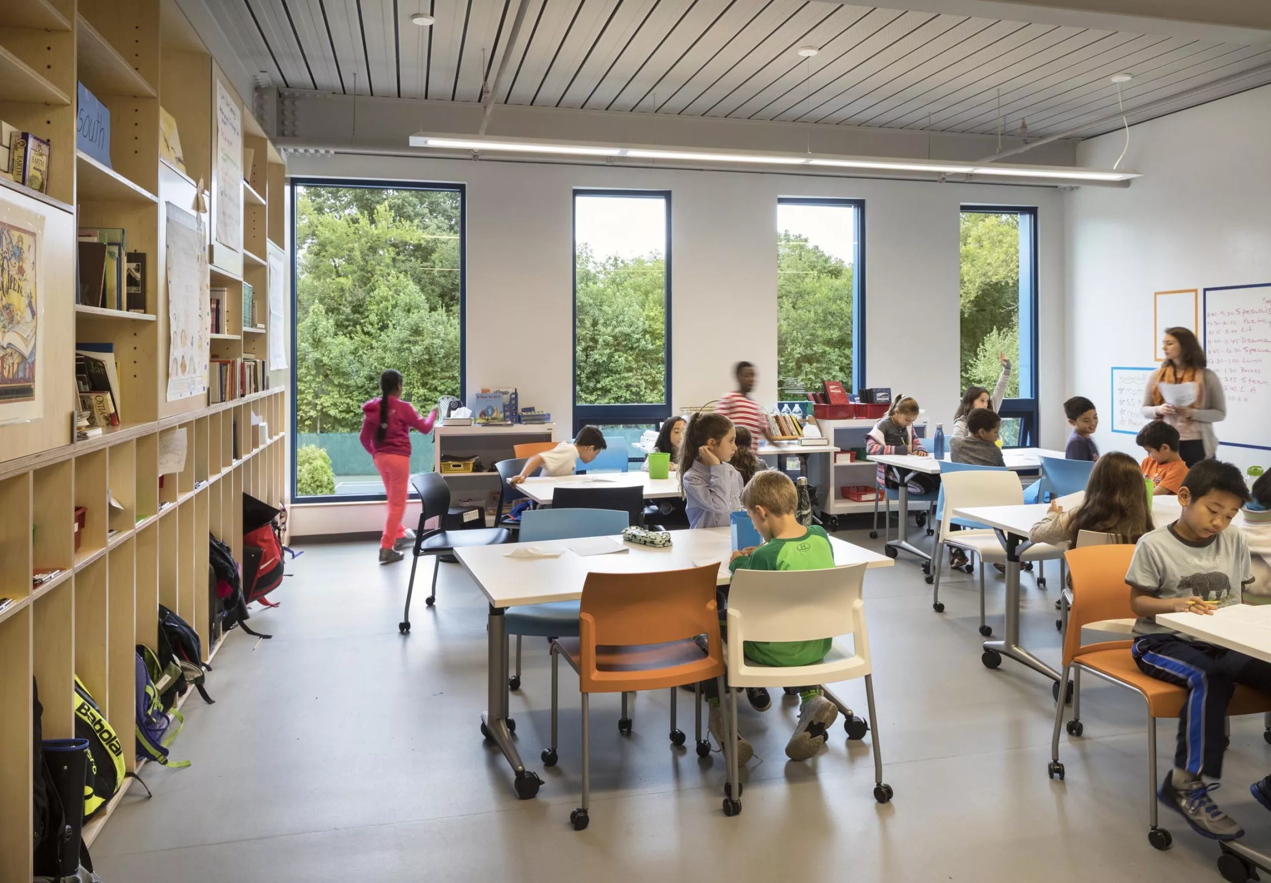 Students at tables in classroom at Riverdale Country School Upper Learning Building