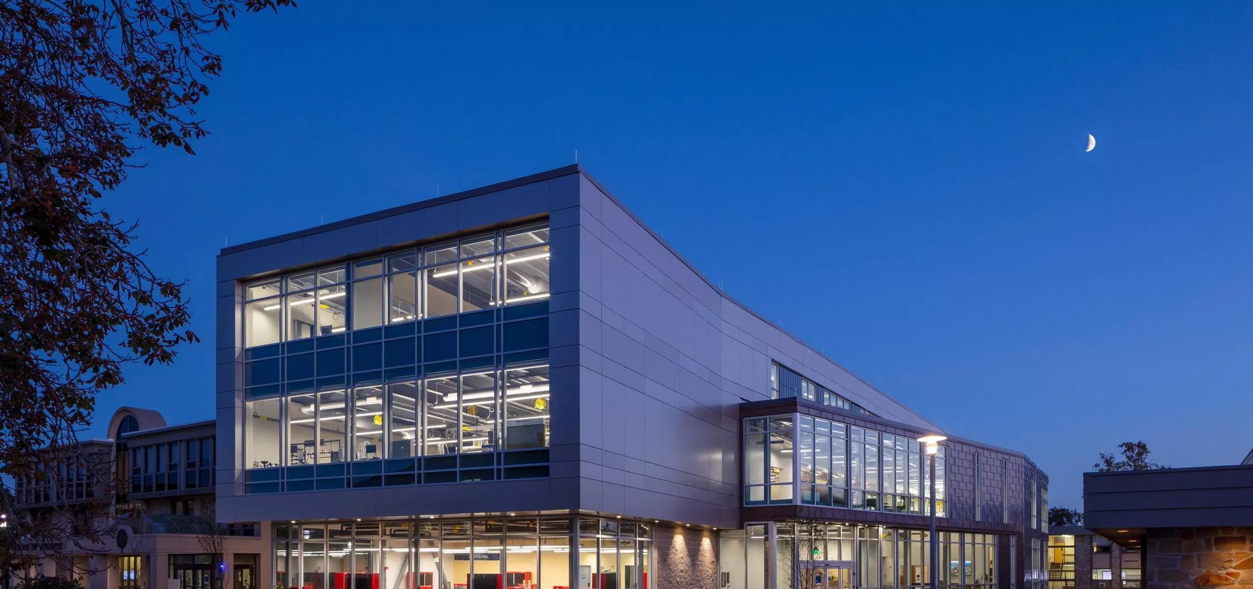 Street view of Roger Williams University SECCM Applied Learning Laboratories at night