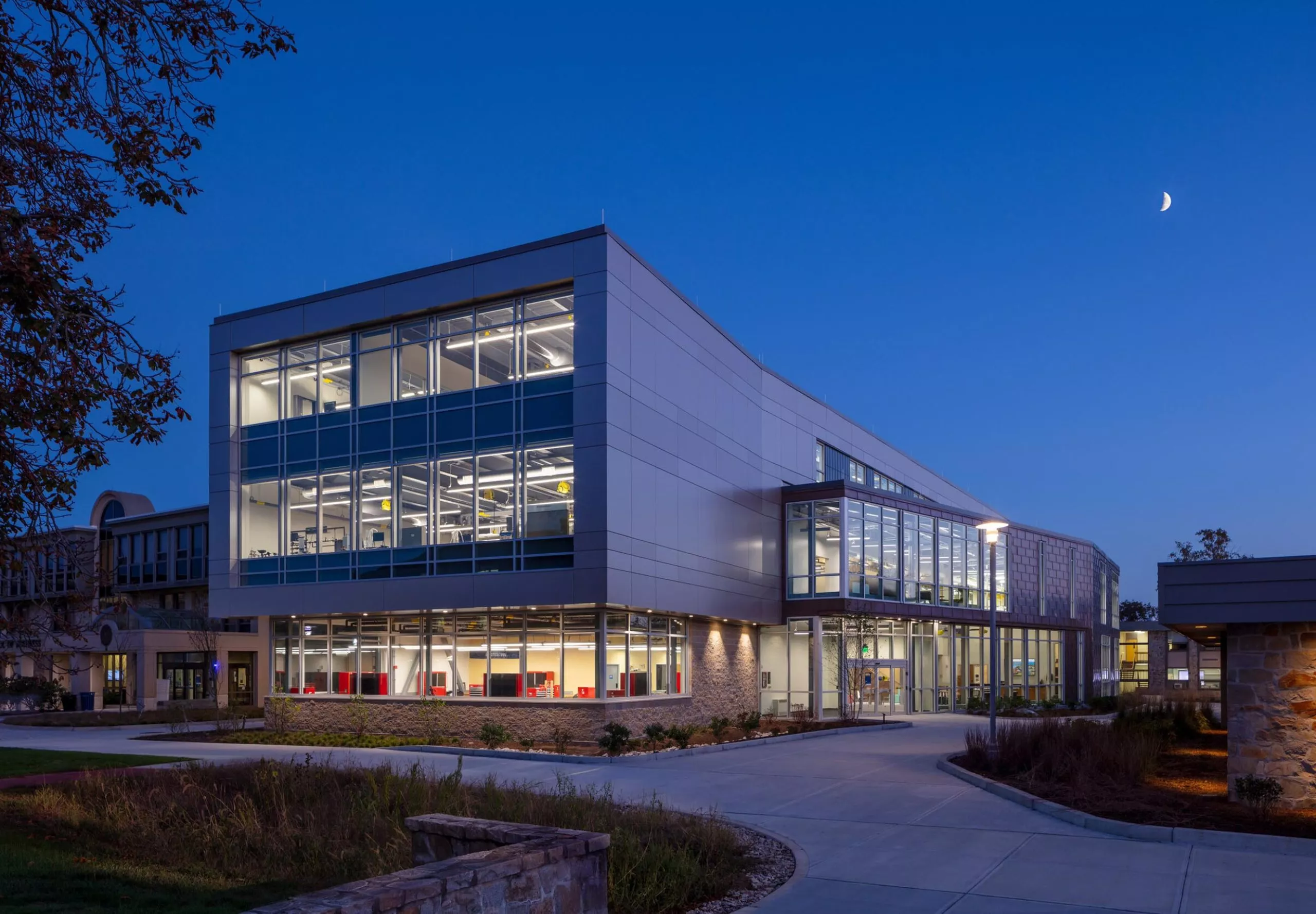 Street view of Roger Williams University SECCM Applied Learning Laboratories at night