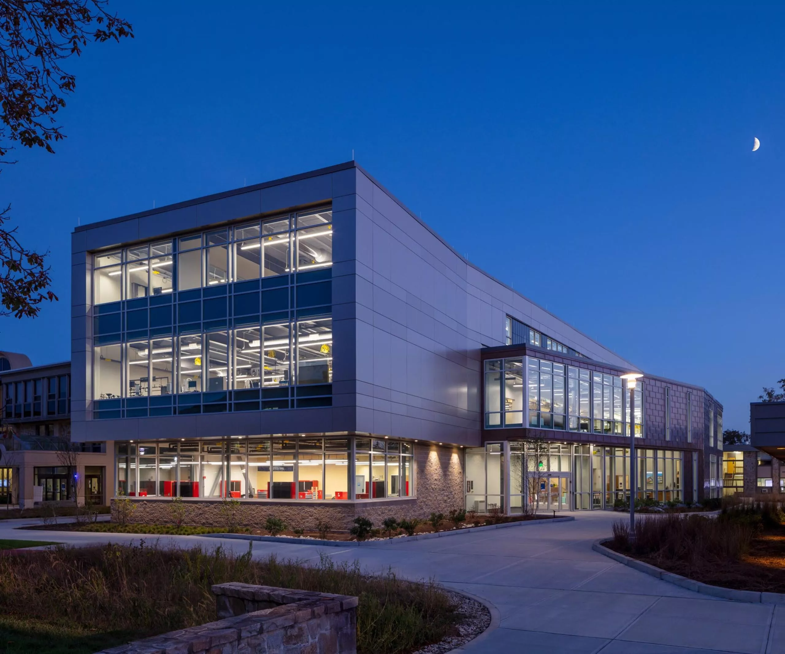 Street view of Roger Williams University SECCM Applied Learning Laboratories at night