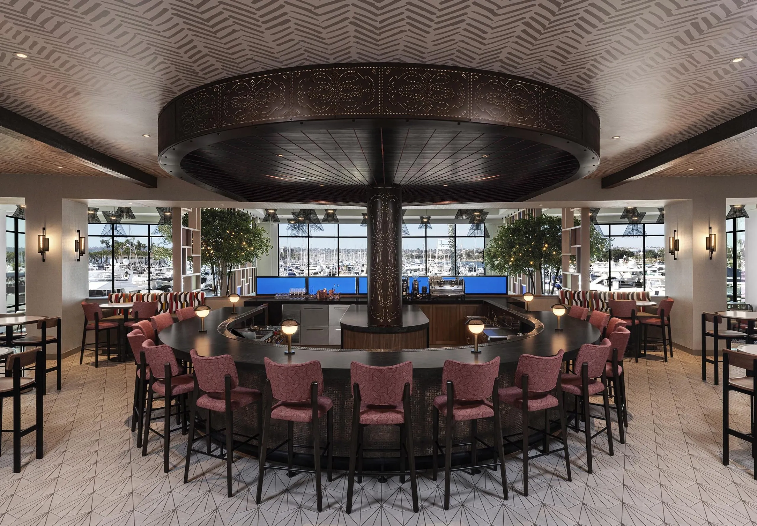 Interior view of the dining room and bar at the Sheraton San Diego Hotel