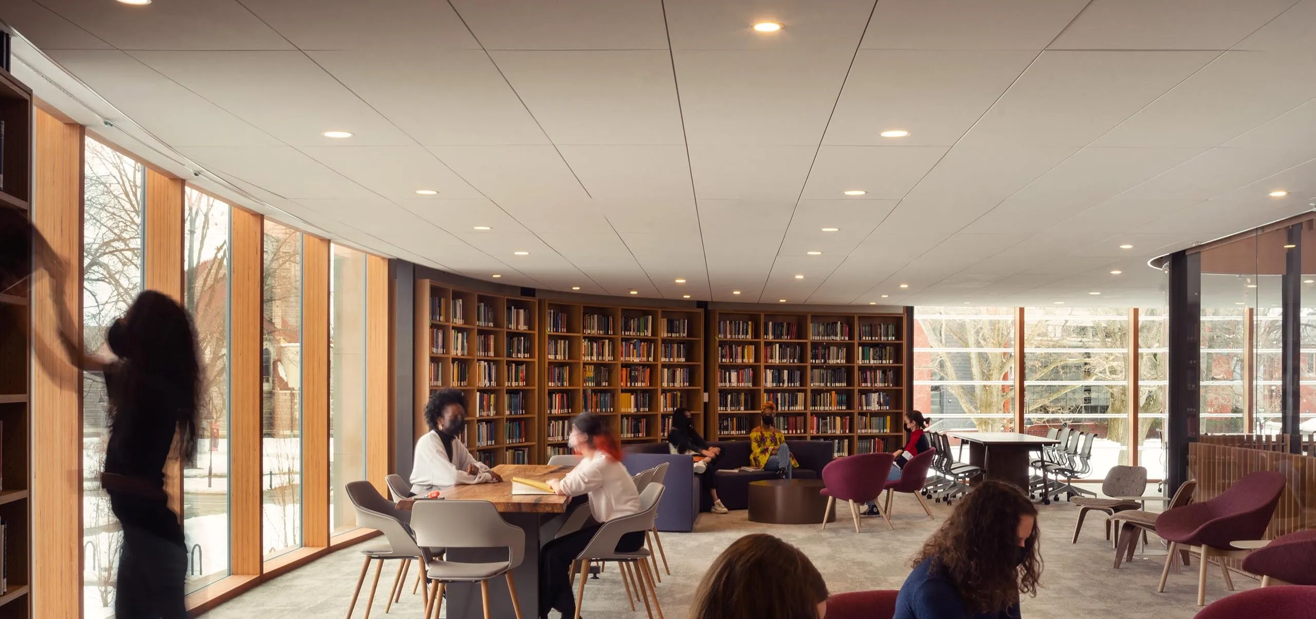 Sitting area and Bookshelves inside Smith College Neilson Library