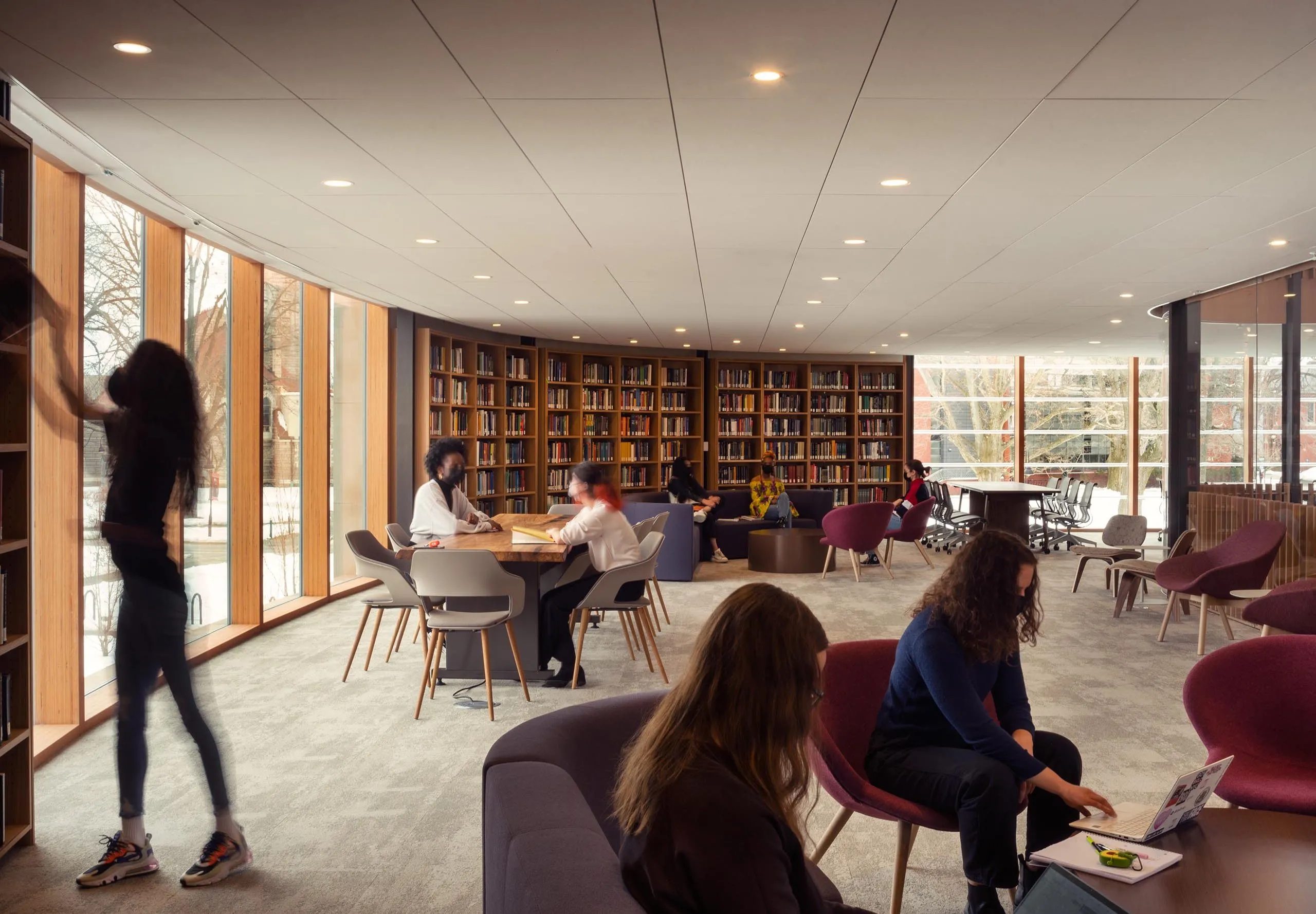 Sitting area and Bookshelves inside Smith College Neilson Library