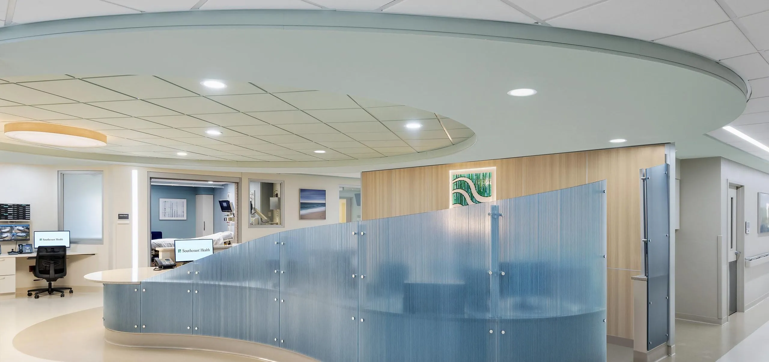 Interior view of a hallway and nurses station at St. Luke's Hospital