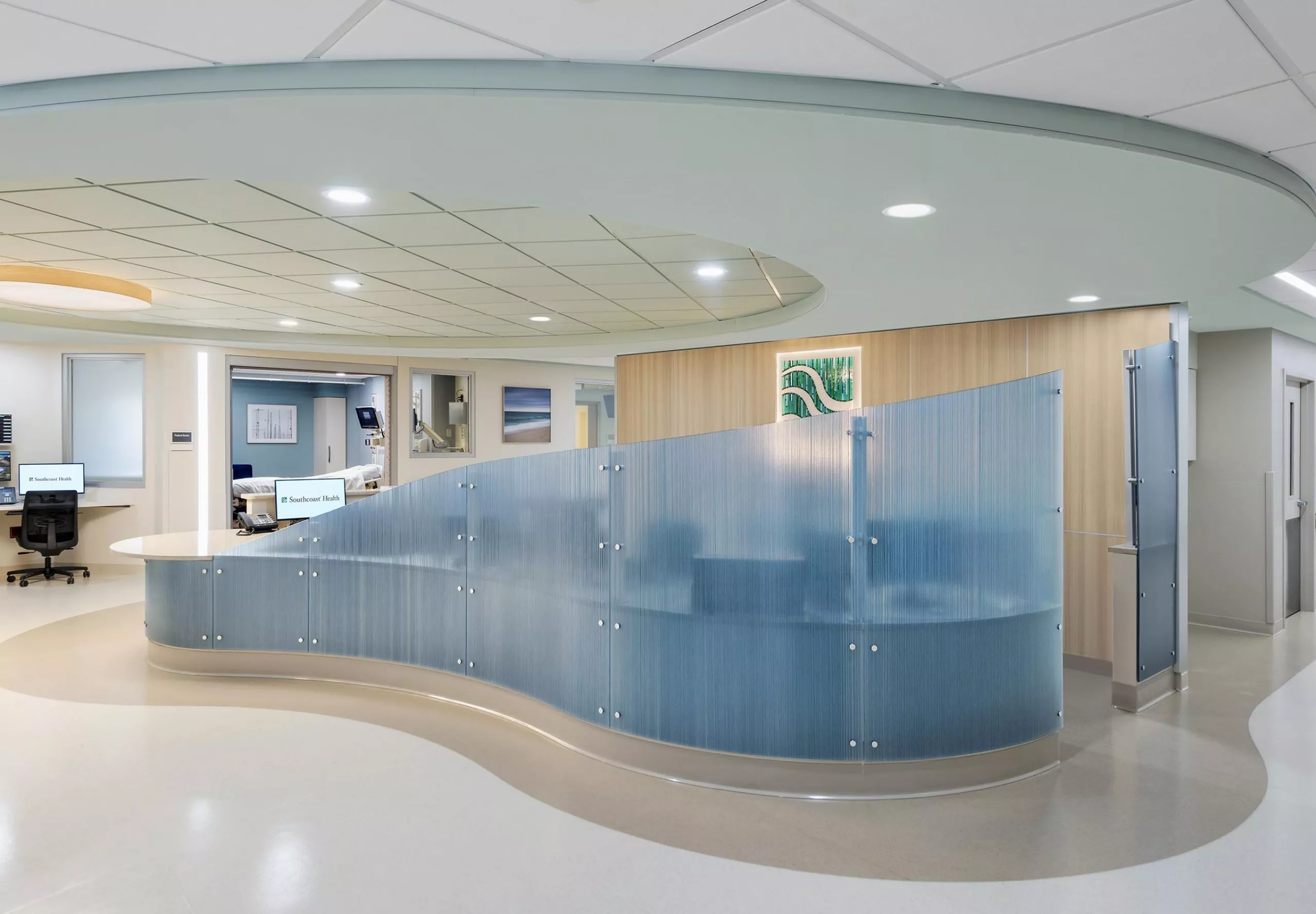 Interior view of a hallway and nurses station at St. Luke's Hospital