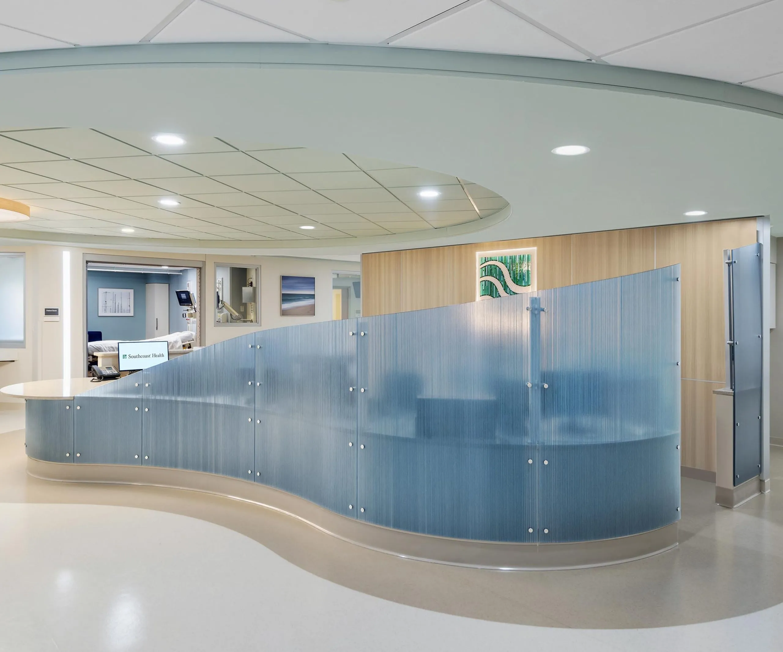 Interior view of a hallway and nurses station at St. Luke's Hospital