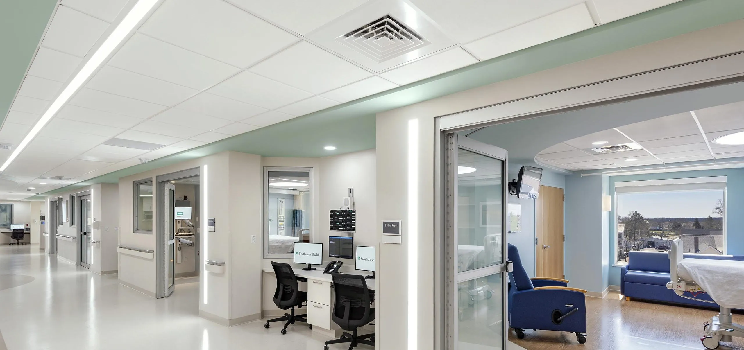 Interior view of the hallway and hospital room at St. Luke's Hospital