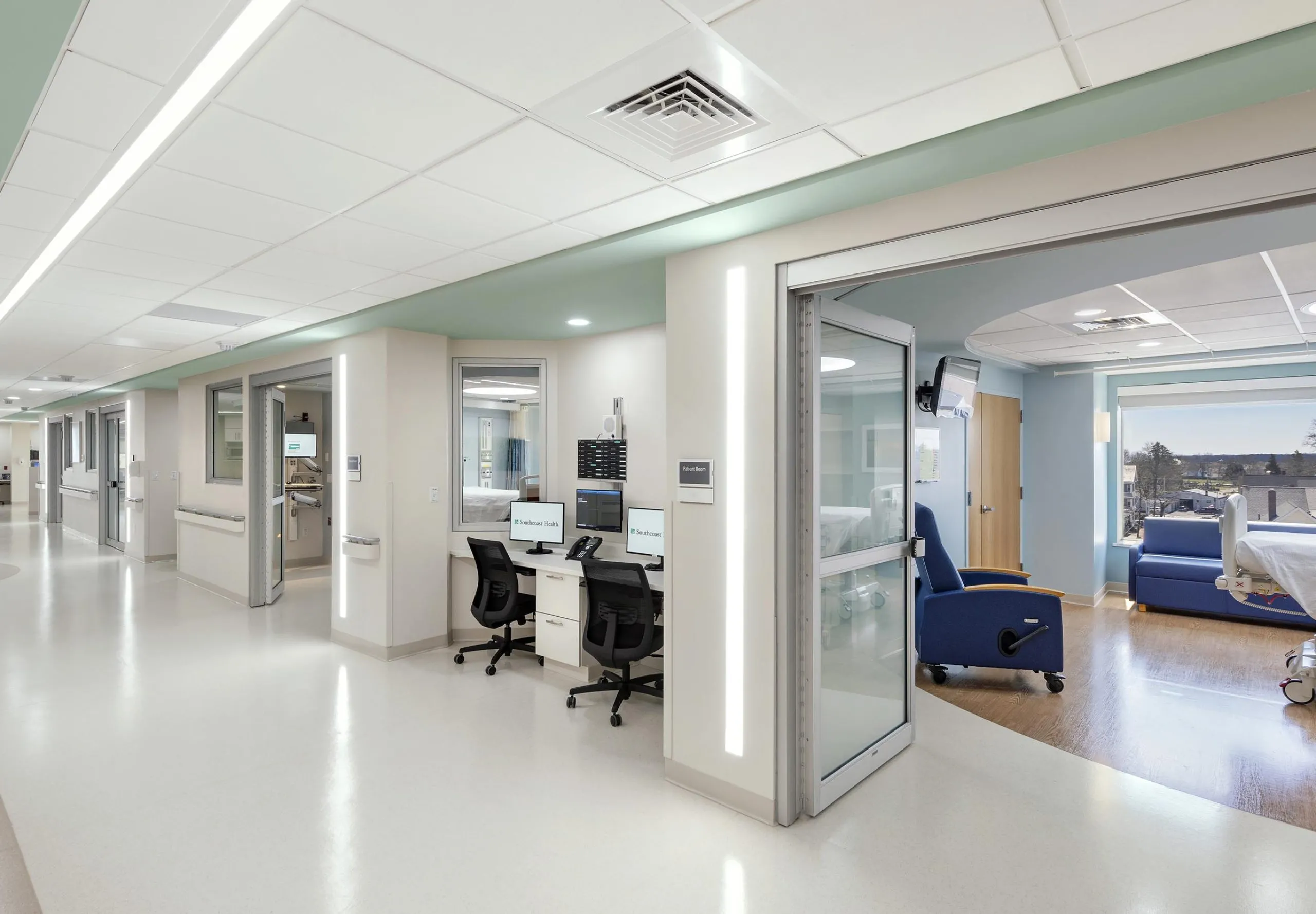 Interior view of the hallway and hospital room at St. Luke's Hospital