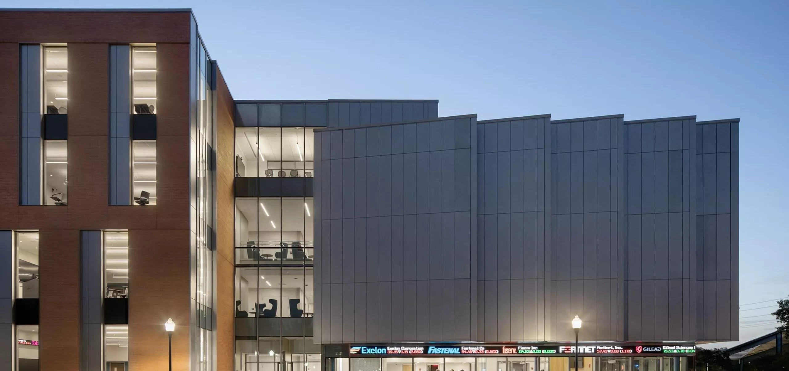 Exterior view of modern features on Southern Connecticut State University School of Business