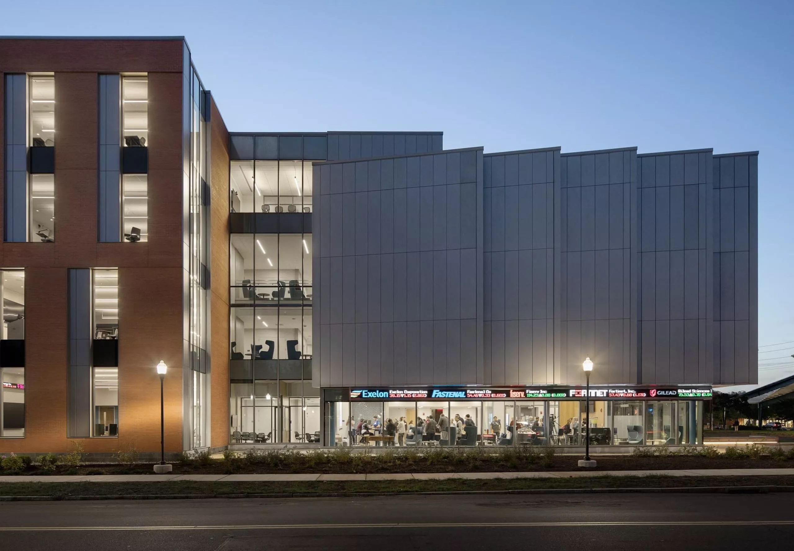 Exterior view of modern features on Southern Connecticut State University School of Business