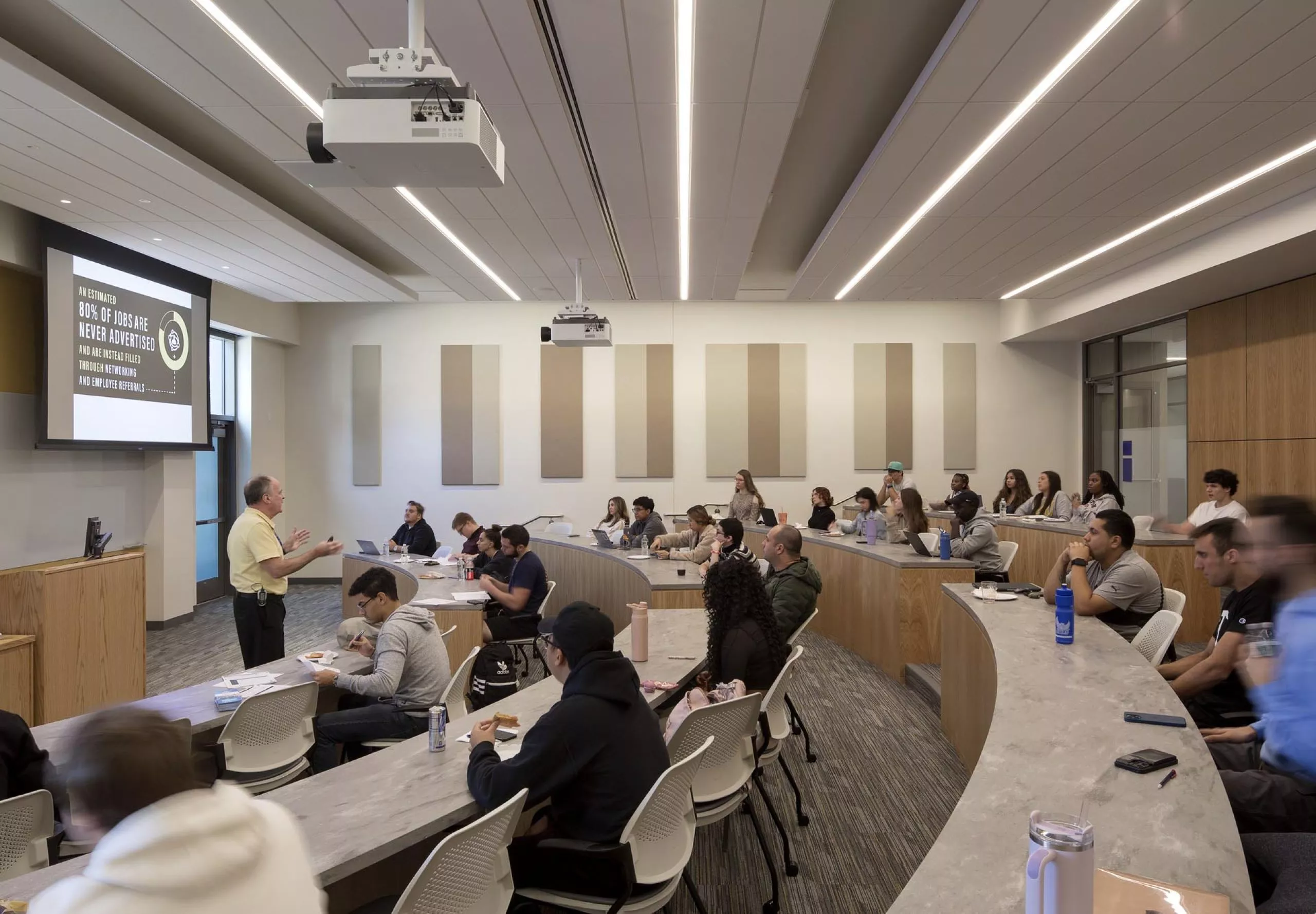 Students inside small classroom auditorium at Southern Connecticut State University School of Business