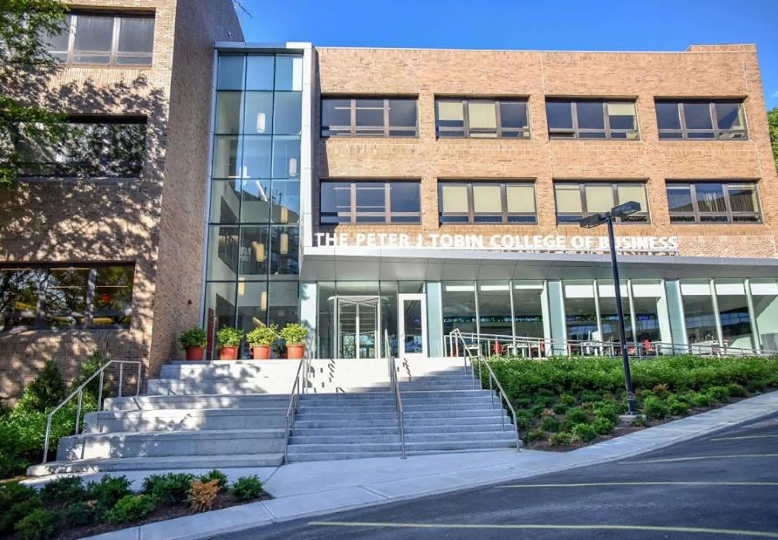 Street view of the St. John University School of Business Bent Hall