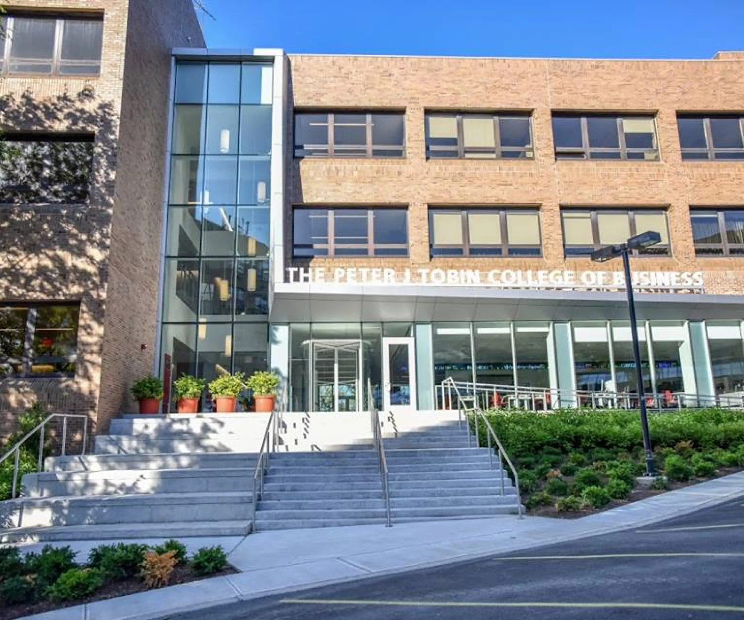 Street view of the St. John University School of Business Bent Hall