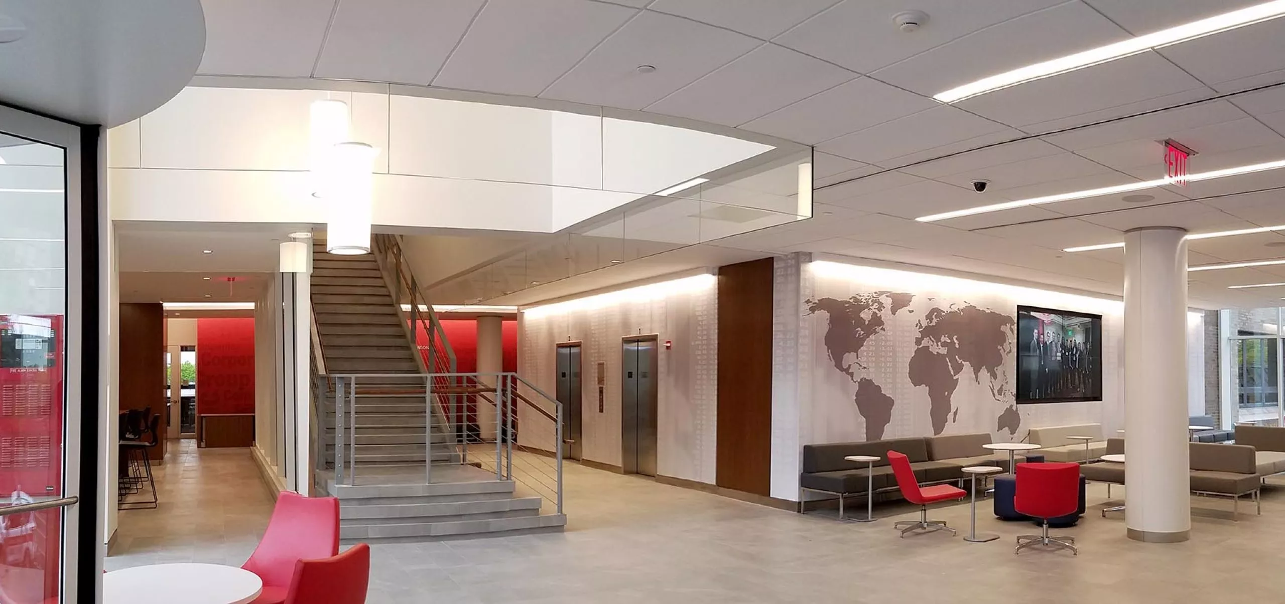 Lobby and seating area inside St. John University School of Business Bent Hall