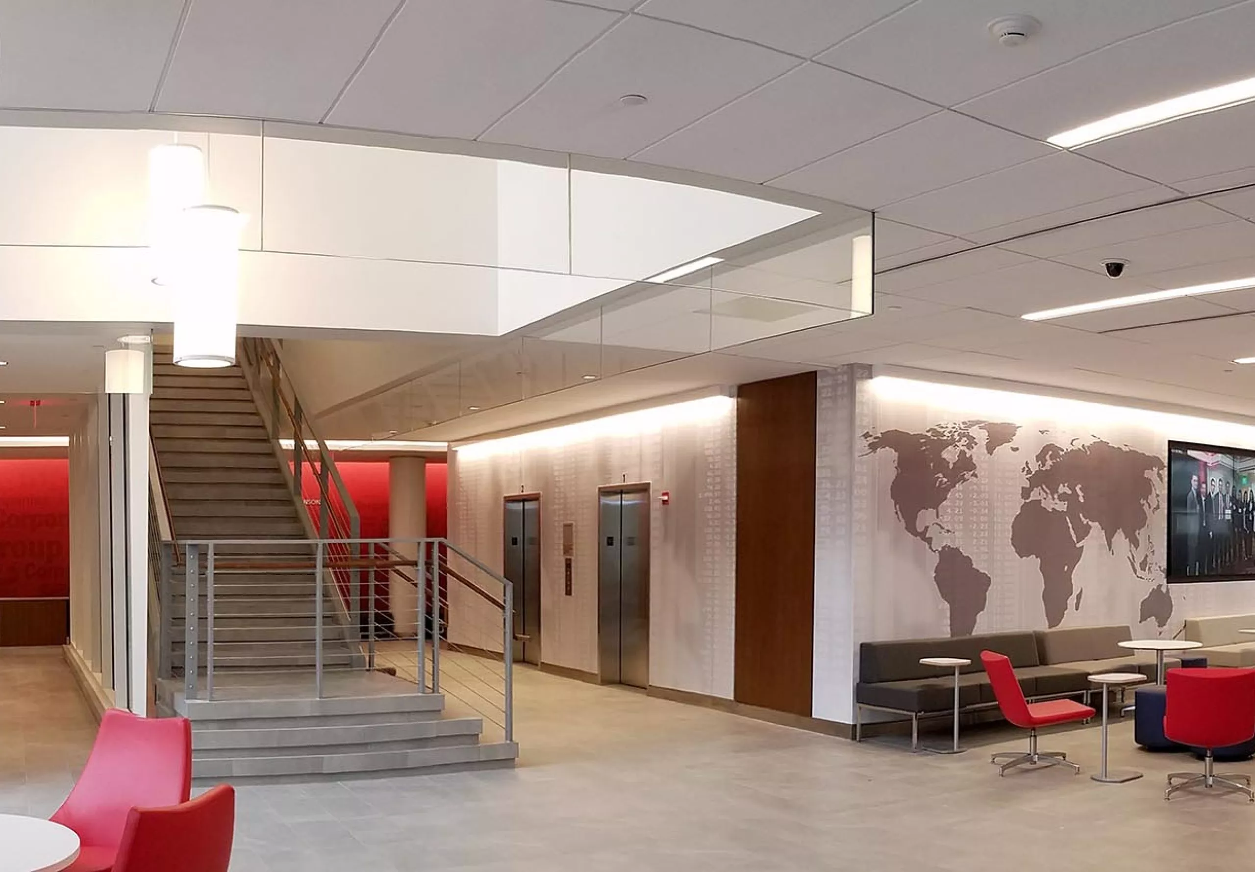 Lobby and seating area inside St. John University School of Business Bent Hall