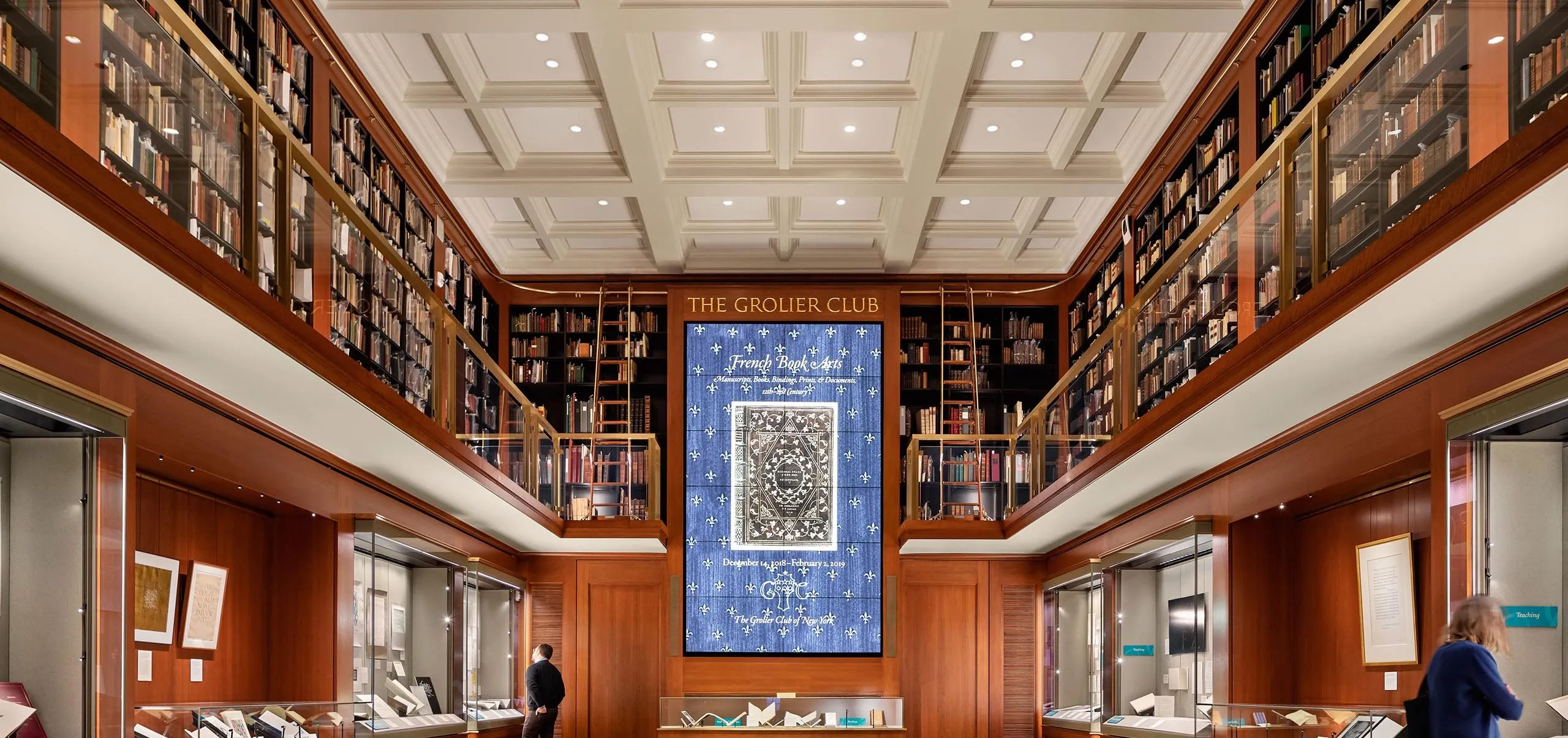 Victorian style bookshelves and display cases at the Grolier Club