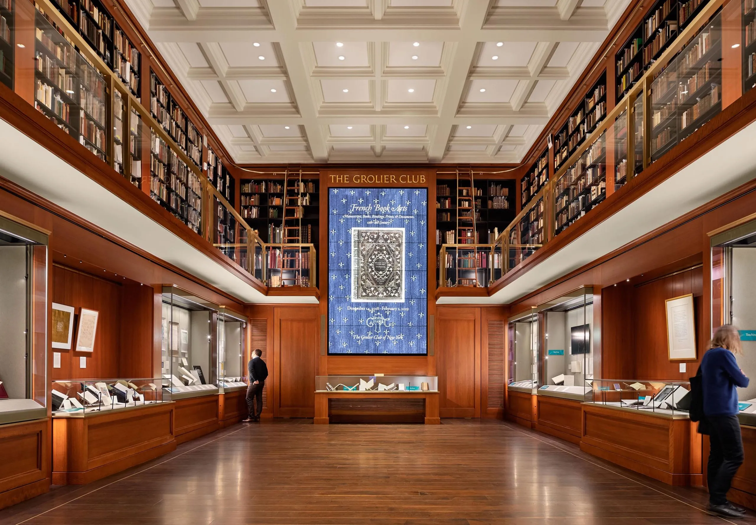 Victorian style bookshelves and display cases at the Grolier Club