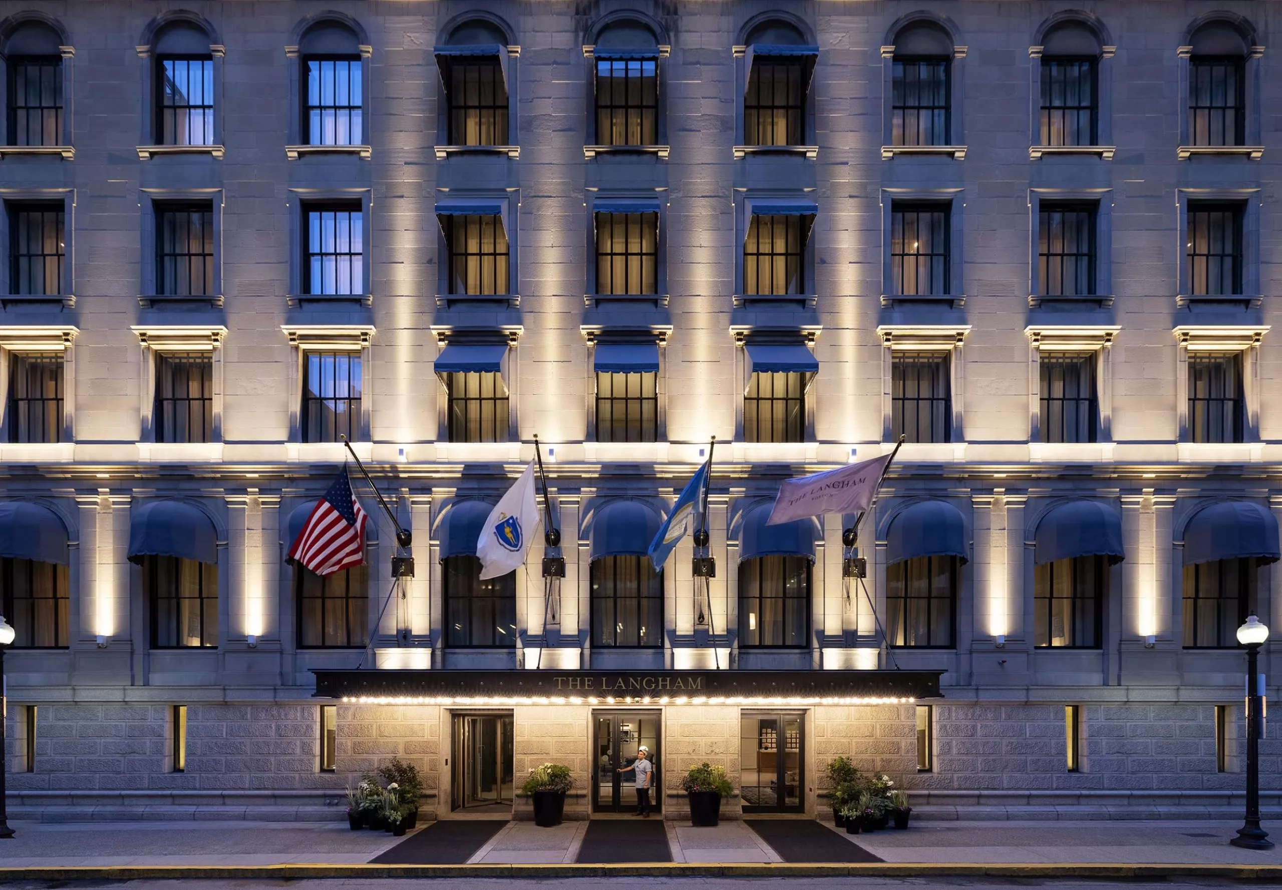 Exterior view of The Langham Boston at night