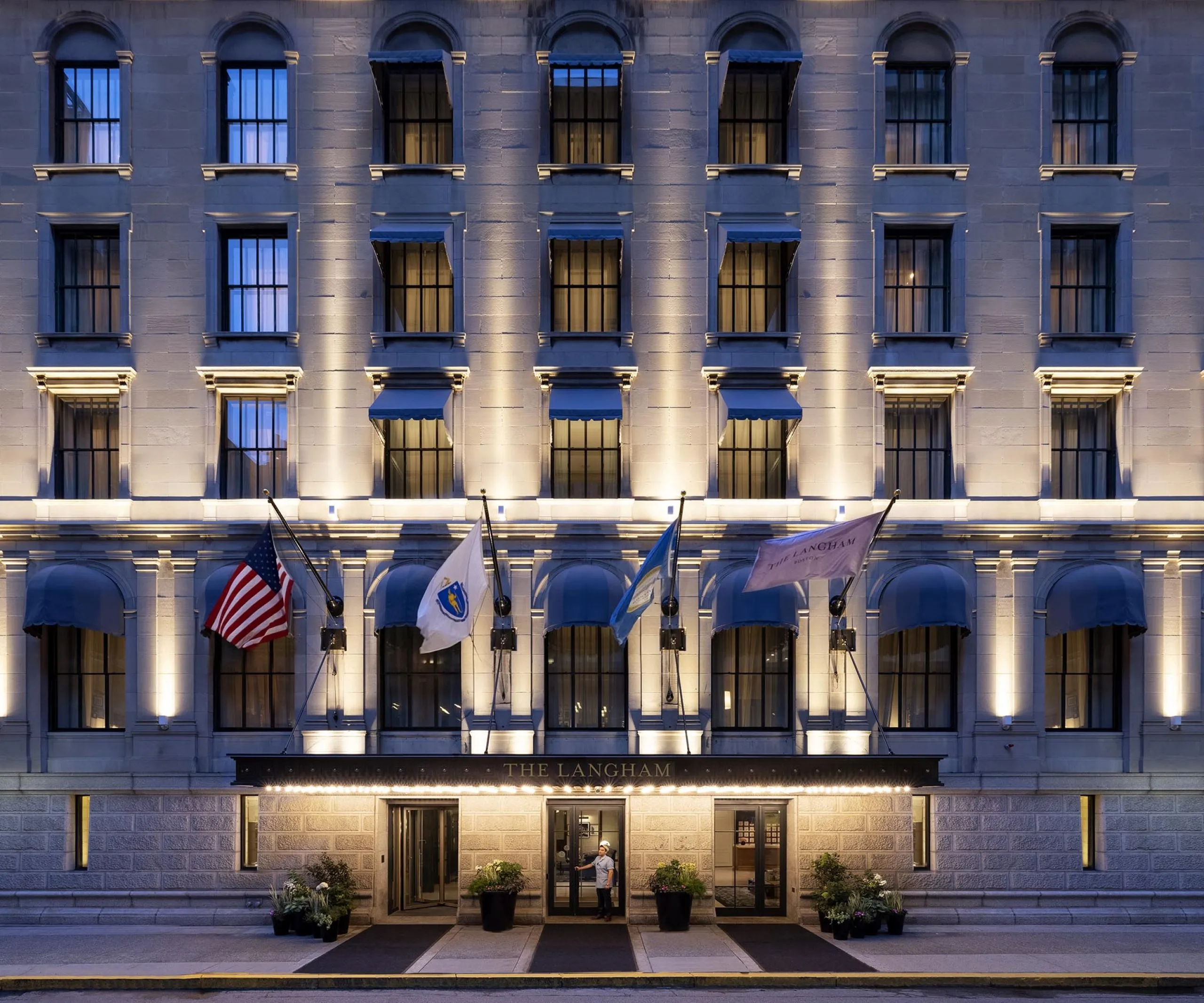 Exterior view of The Langham Boston at night