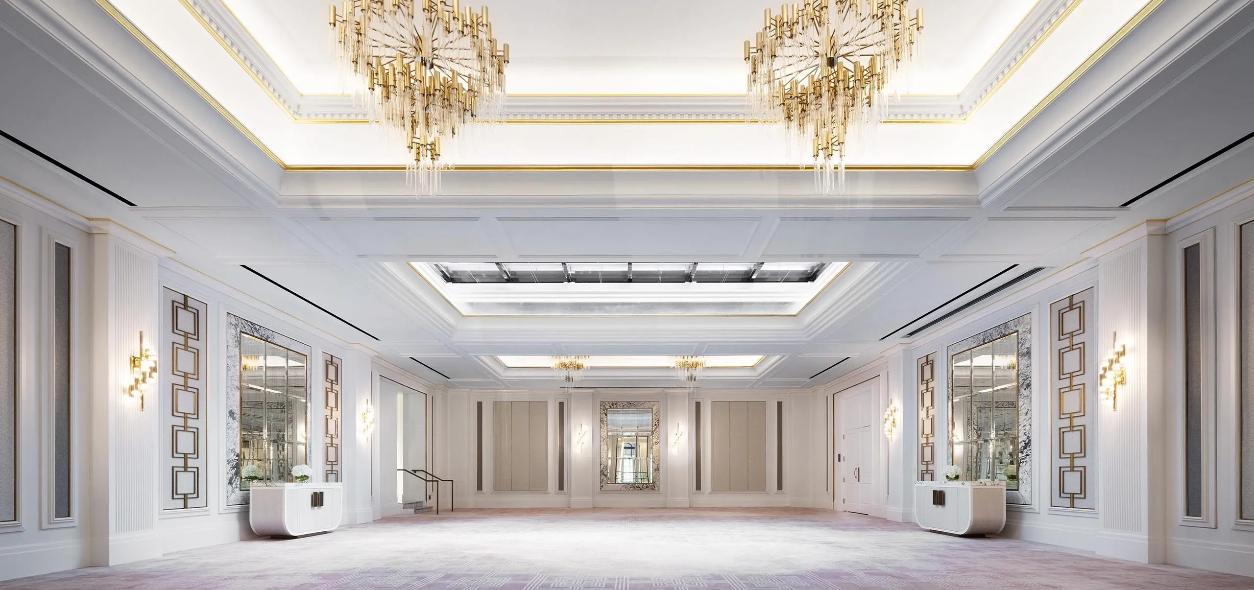 Interior view of a grand hallway at the Langham Boston