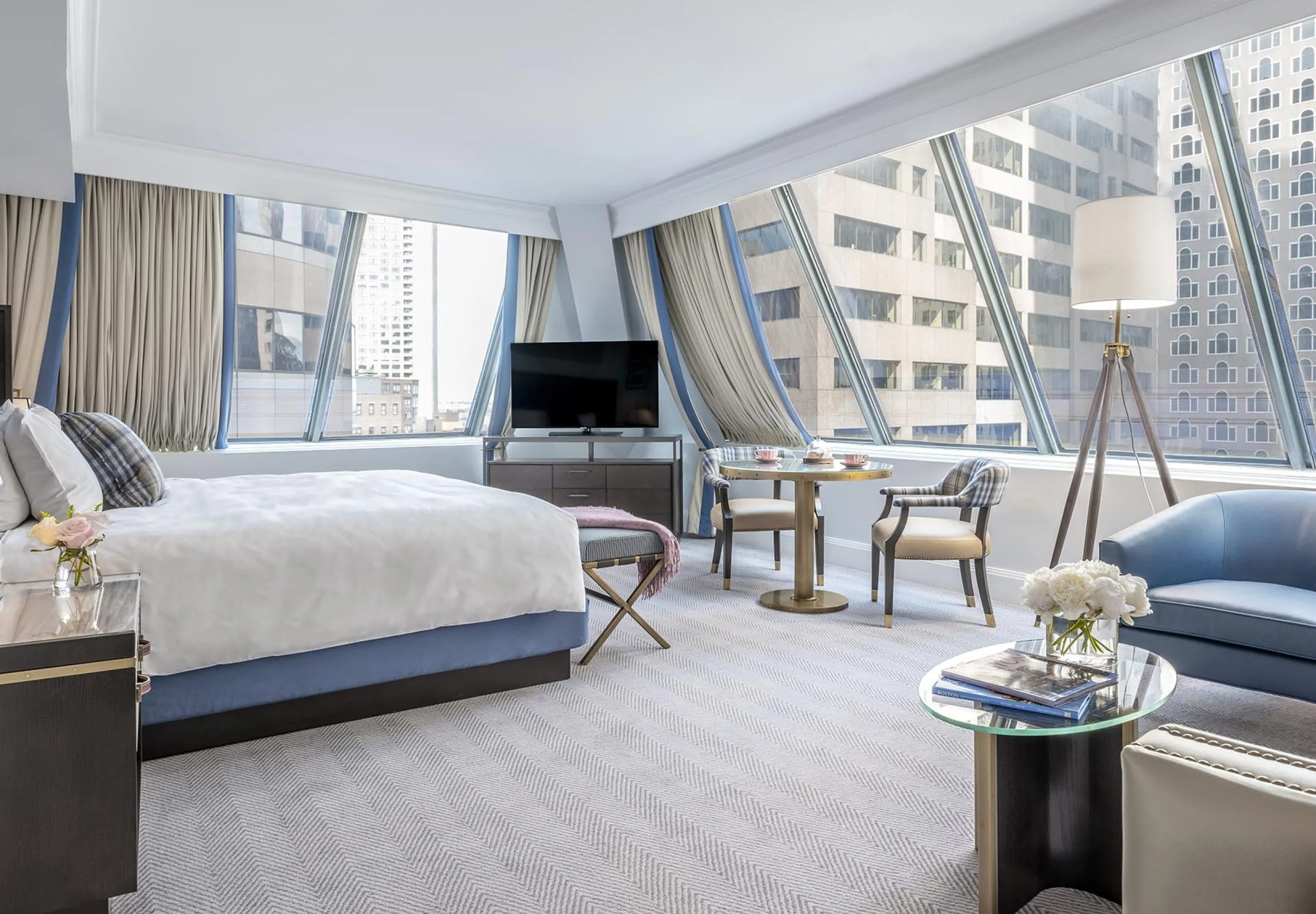 Interior view of a hotel room at the Langham Boston