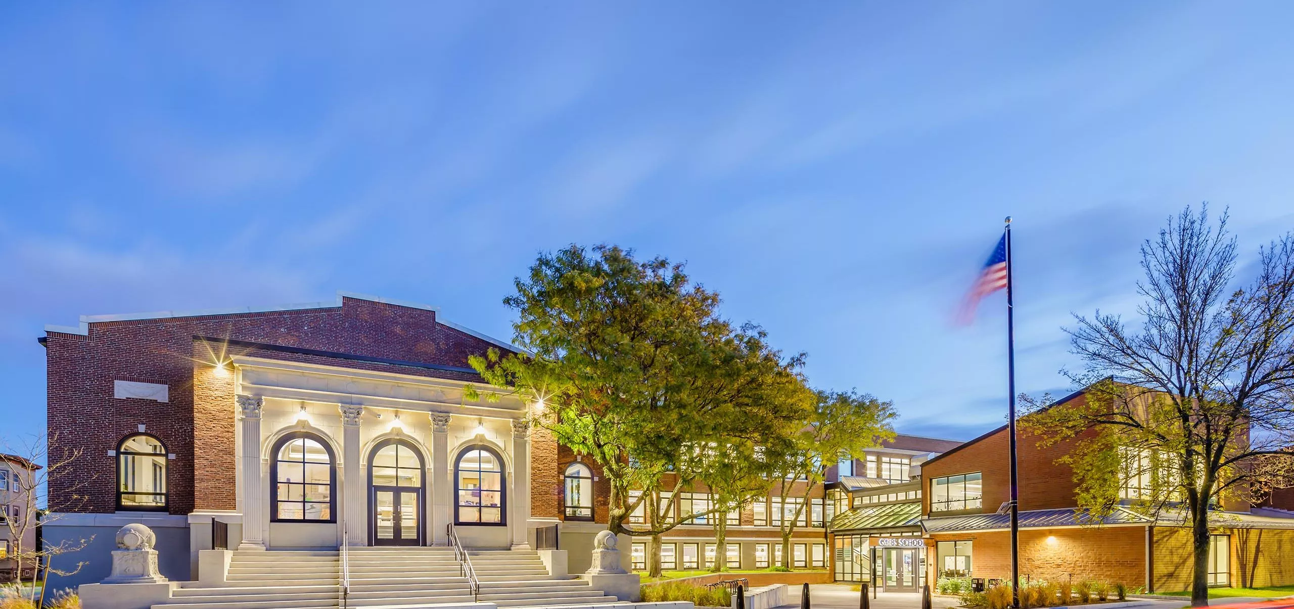 Exterior of Gibbs School at night