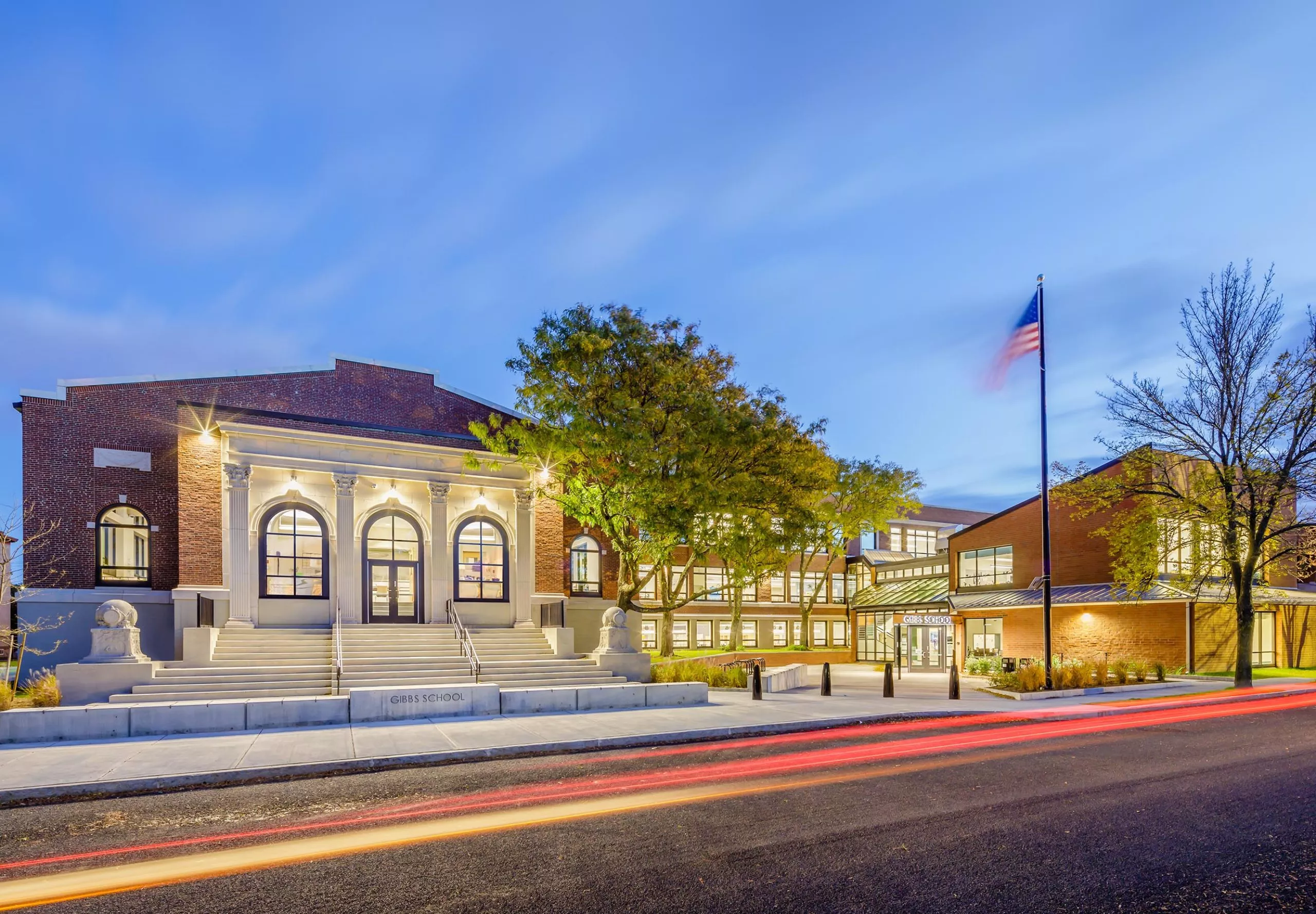 Exterior of Gibbs School at night