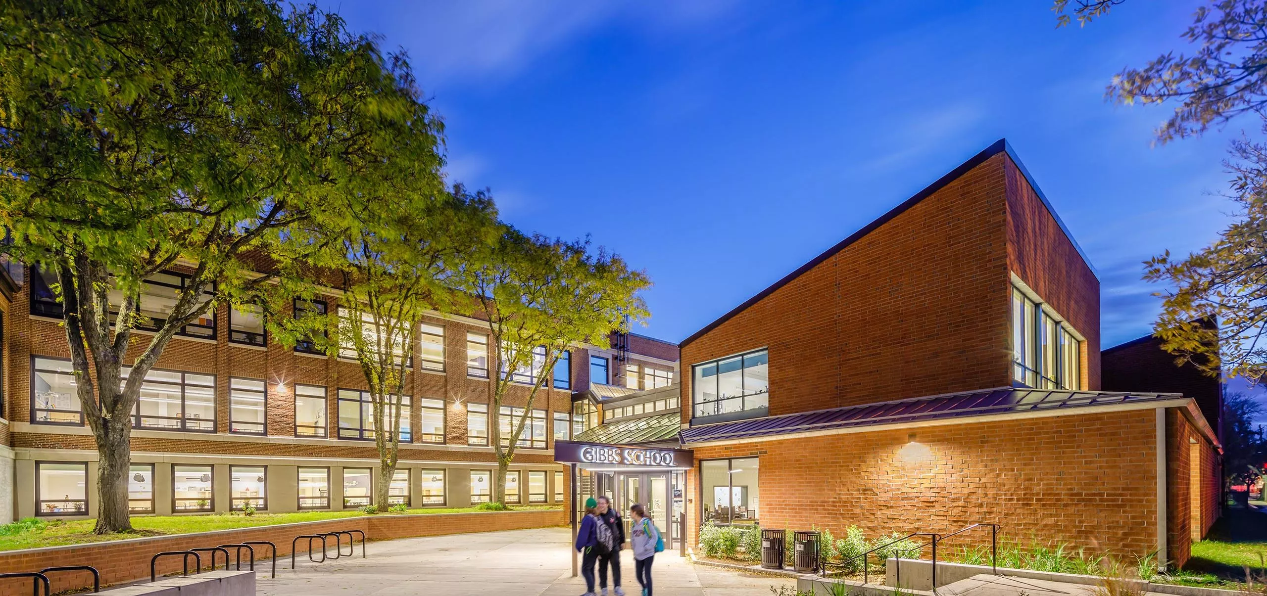 Exterior of Gibbs School at night