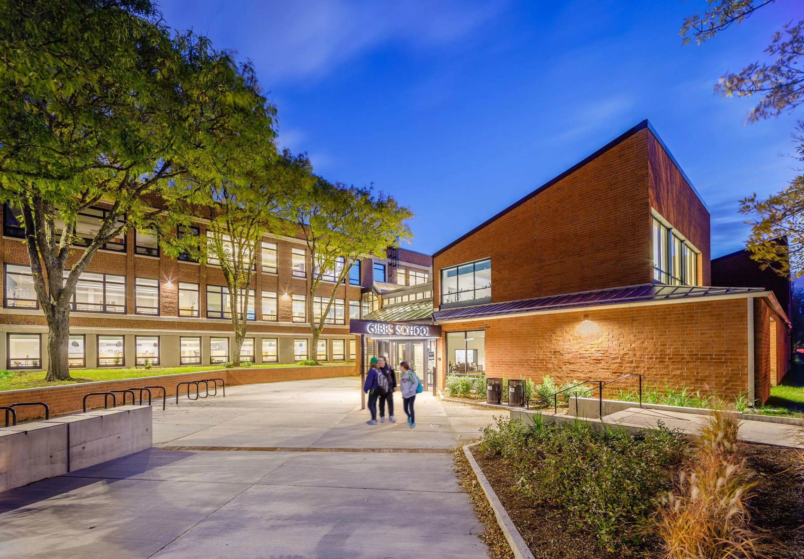 Exterior of Gibbs School at night