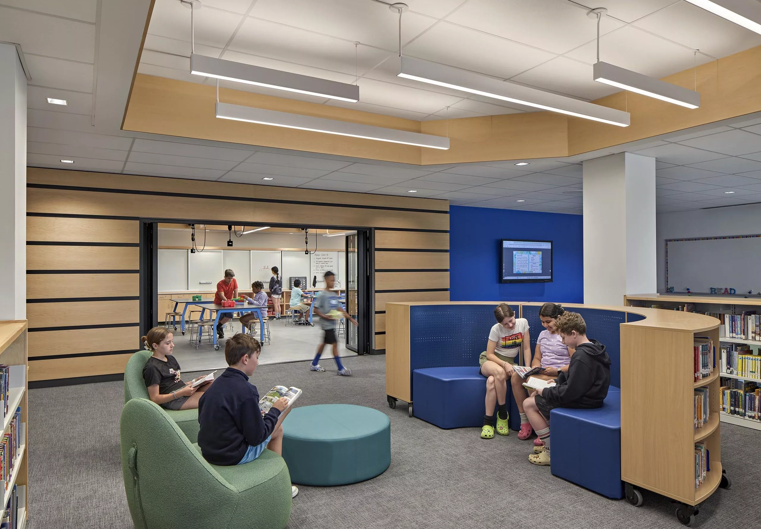 Kids reading in library at David Mindess Elementarry School