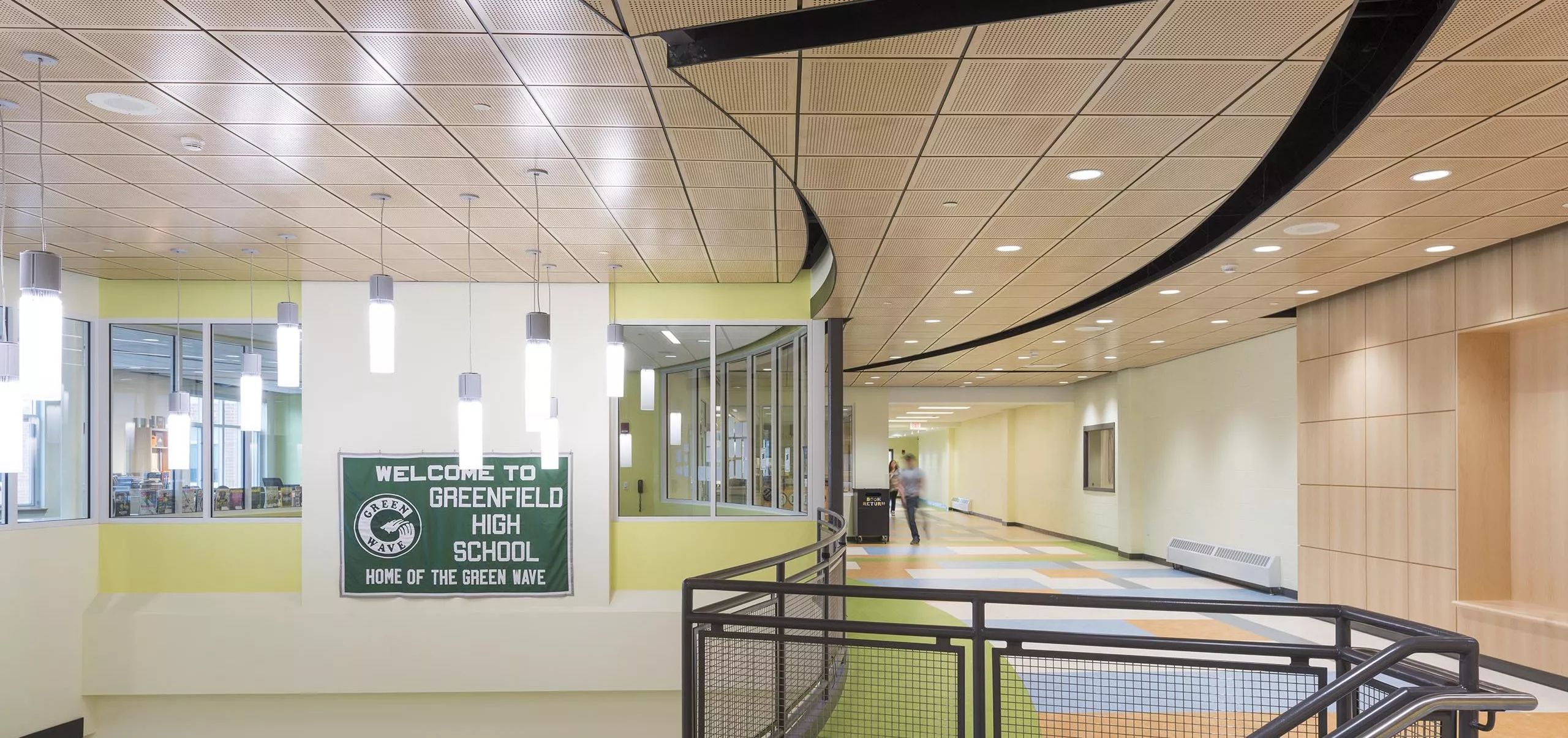 interior view of Greenfield High School hallway and stairs