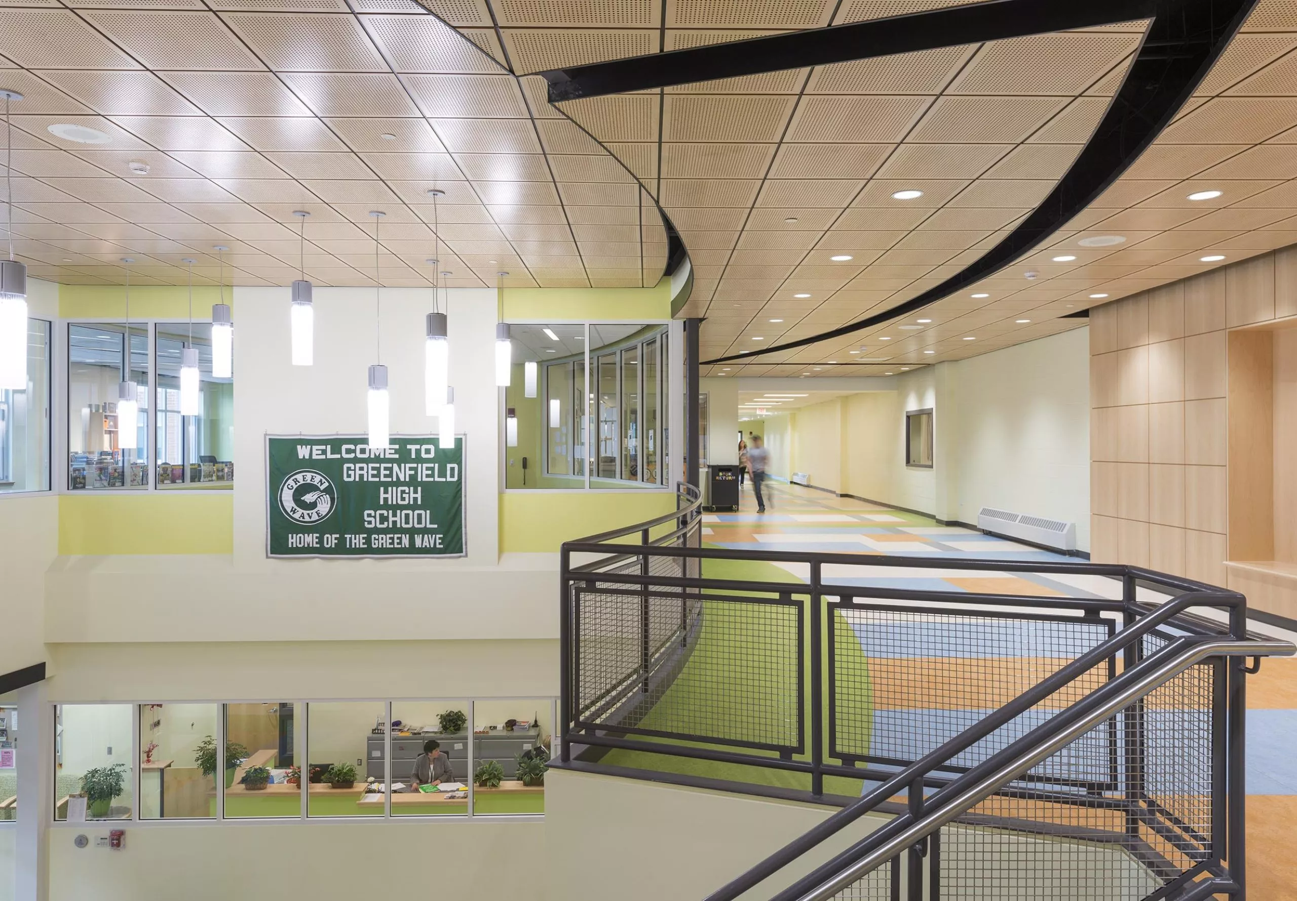 interior view of Greenfield High School hallway and stairs